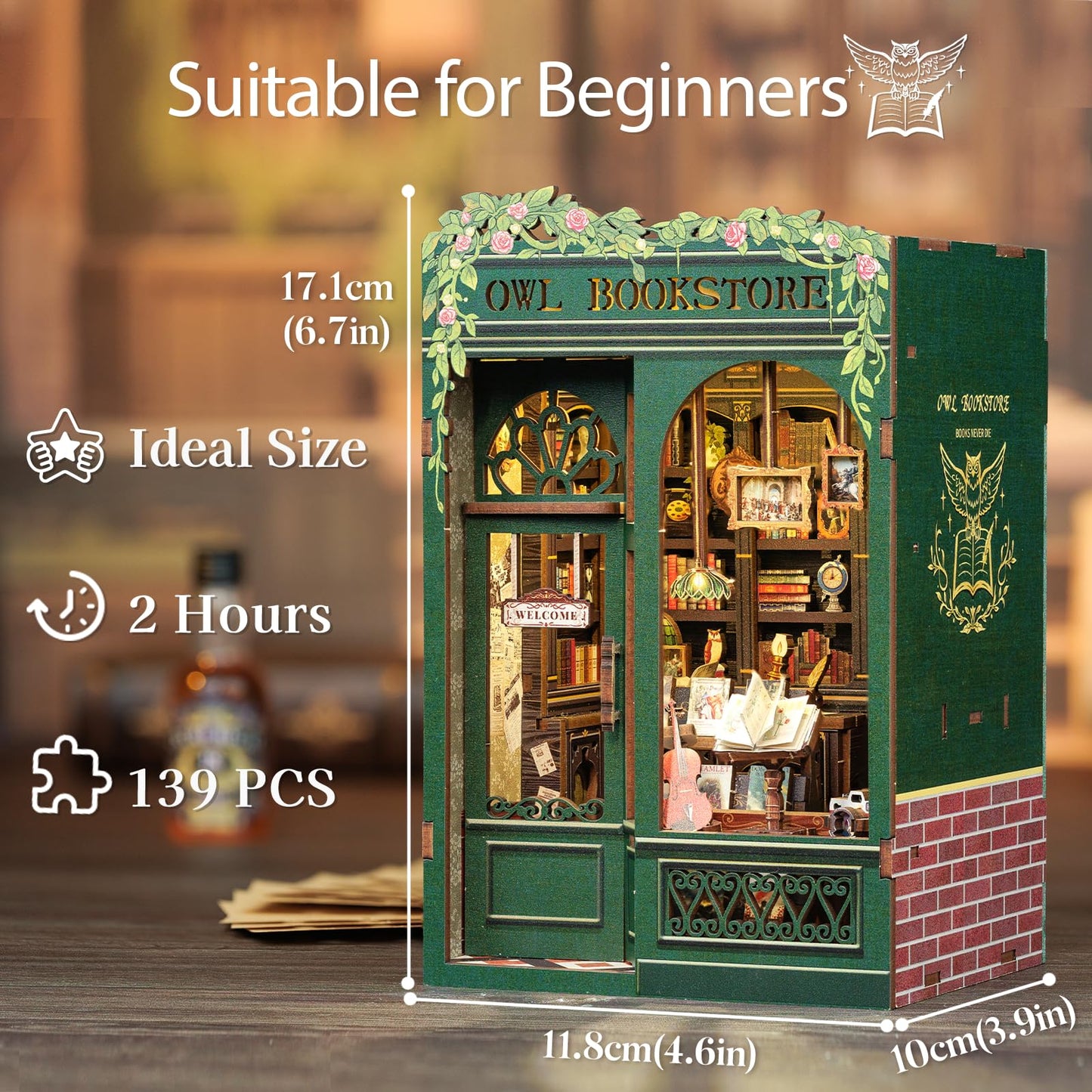 Cutefun Book Nook Kit, DIY Miniature House Kit for Bookshelf Decor, Book Nook Kits for Adults & Beginners, 3D Wooden Puzzle Dollhouse, Ideal Gift for Family and Friends - Owl Bookstore