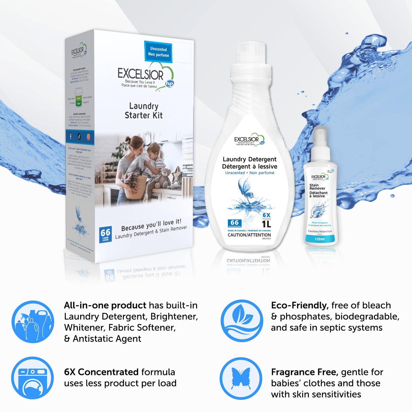 Excelsior (Because You Love It) - Hypoallergenic Laundry Detergent with Natural Stain Remover for 66 Loads of unscented clean clothes - 1 Liter Eco-friendly & Sensitive Skin Laundry Detergent