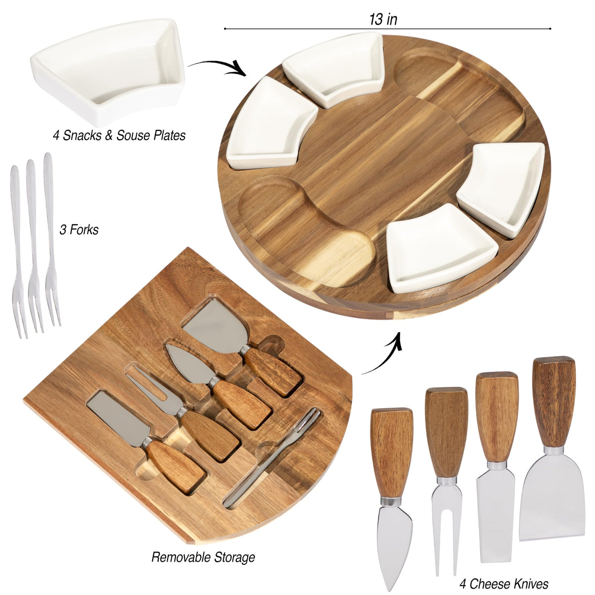 Acacia Cheese Board & Charcuterie Set with Ceramic Bowls – Premium Serving Board for Parties, Weddings, Christmas & Housewarming Gifts (Plain – No Engraving)