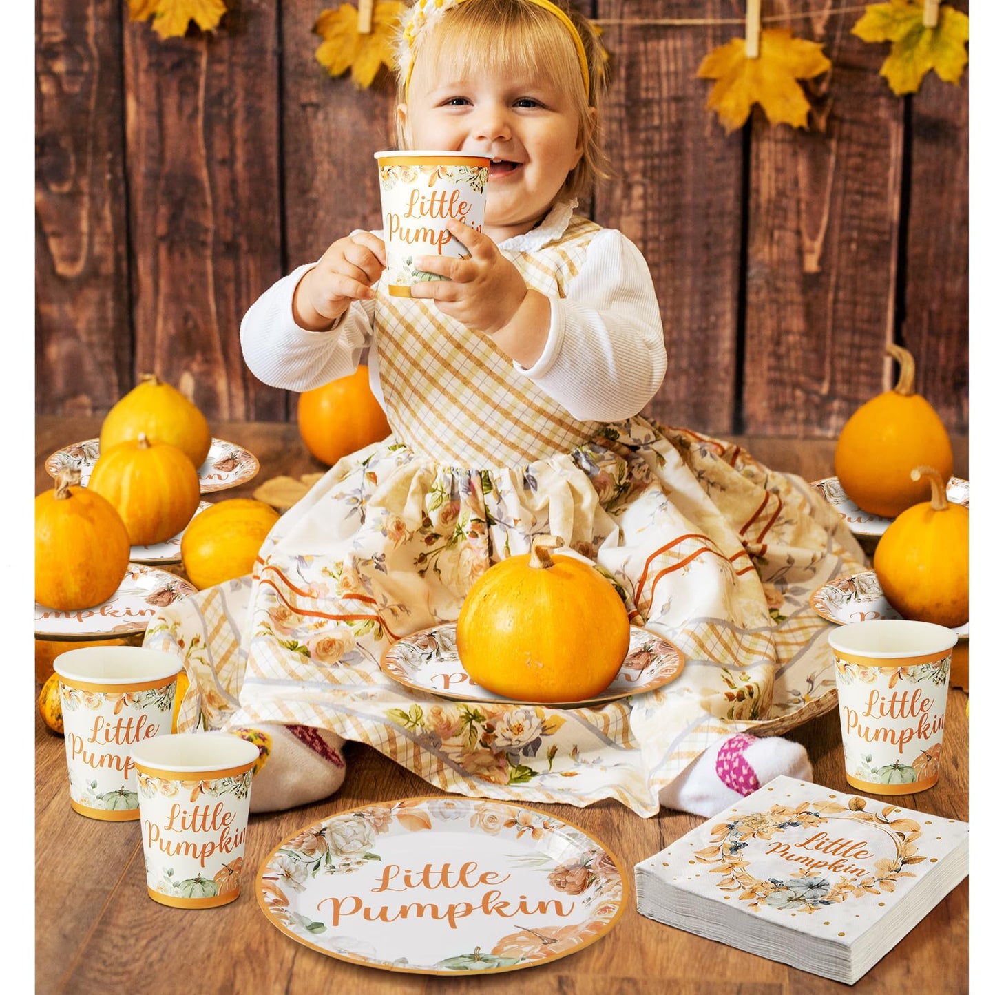150 Pcs Little Pumpkin Baby Shower Party Decoration Set Serves 50 Fall Disposable Dinnerware Set Dinner Dessert Plates Cups Napkins Autumn Farm Tableware Thanksgiving Party Supplies