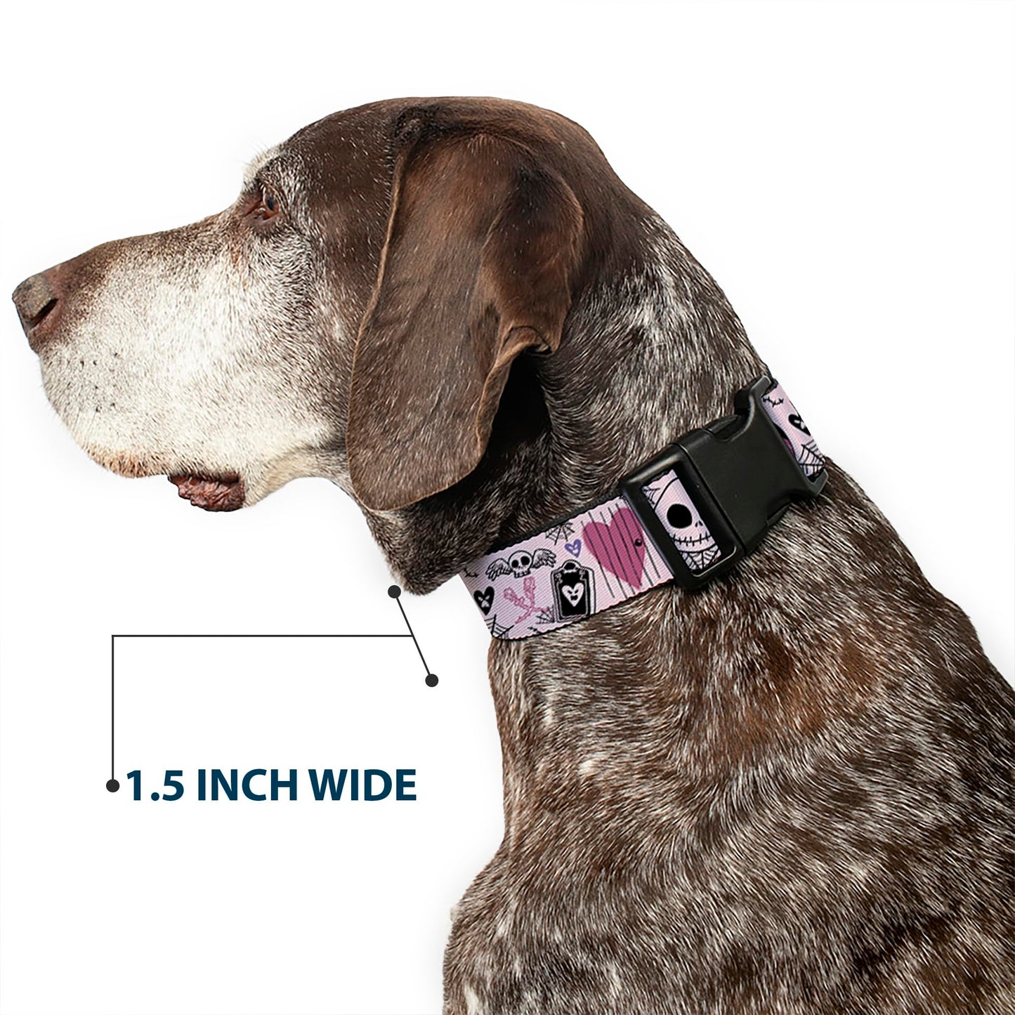 Disney Pet Collar, Dog Collar Plastic Buckle, The Nightmare Before Christmas Jack and Sally Doodles Pink, 8.5 to 12 Inches 0.5 Inch Wide
