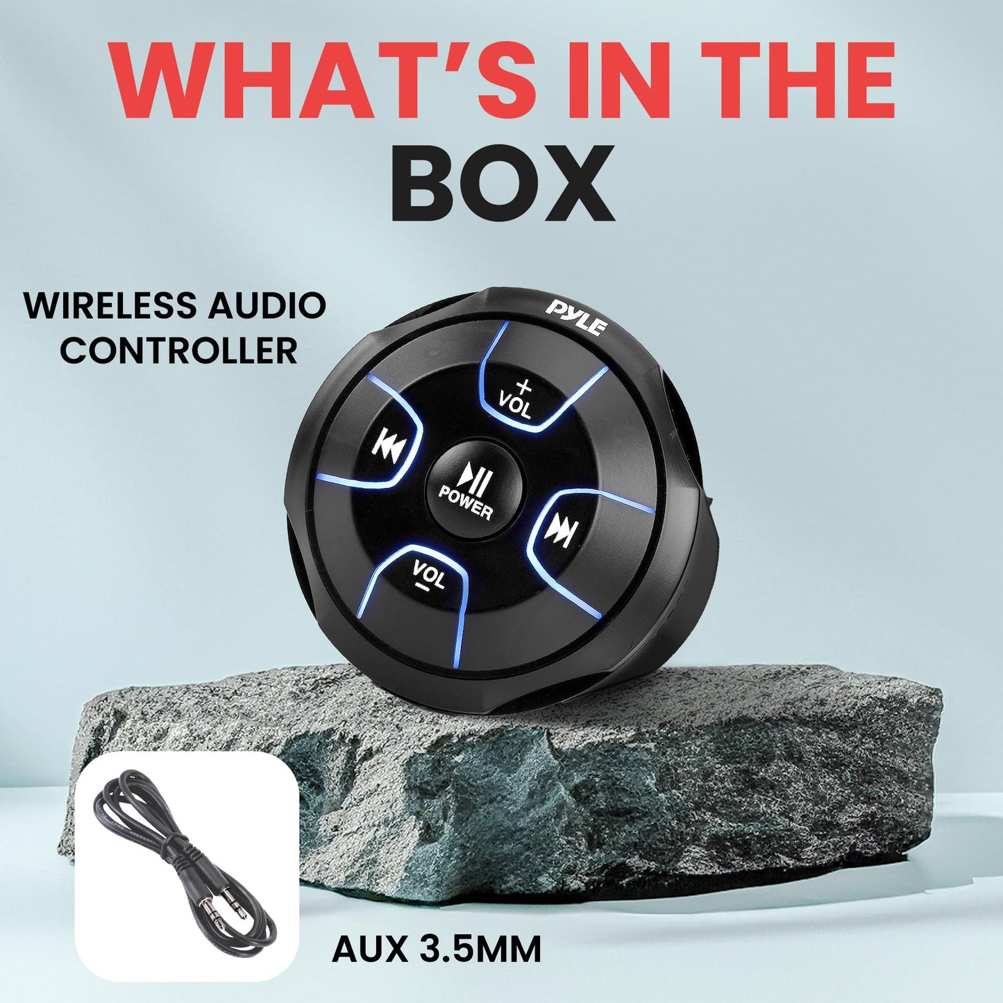 Pyle Amplified Wireless Bluetooth Audio Controller - 300 Watt Bluetooth Media Button, Waterproof Marine Receiver Remote Control W/Aux, Mount for Car Truck Boat Marine Powersport Vehicles - PLMRBT18