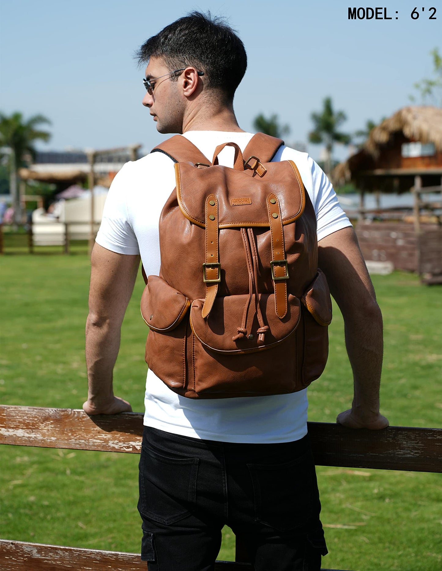 Vegan Leather 15.6 inch Laptop Backpack Hiking Camping Backpack Satchel Bookbag Travel Business Casual Backpack CN-01, Brown, Medium, Leather Backpack