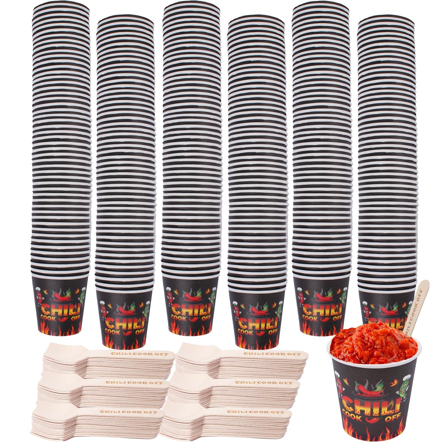 Tkifoda 600 Pcs 3oz Chili Cook Off Cups & 300 Wooden Spoons - Disposable Paper Chili Tasting Cups with Chili Pepper Patterns - Perfect for Chili Cook Off, Mexican Party Supplies