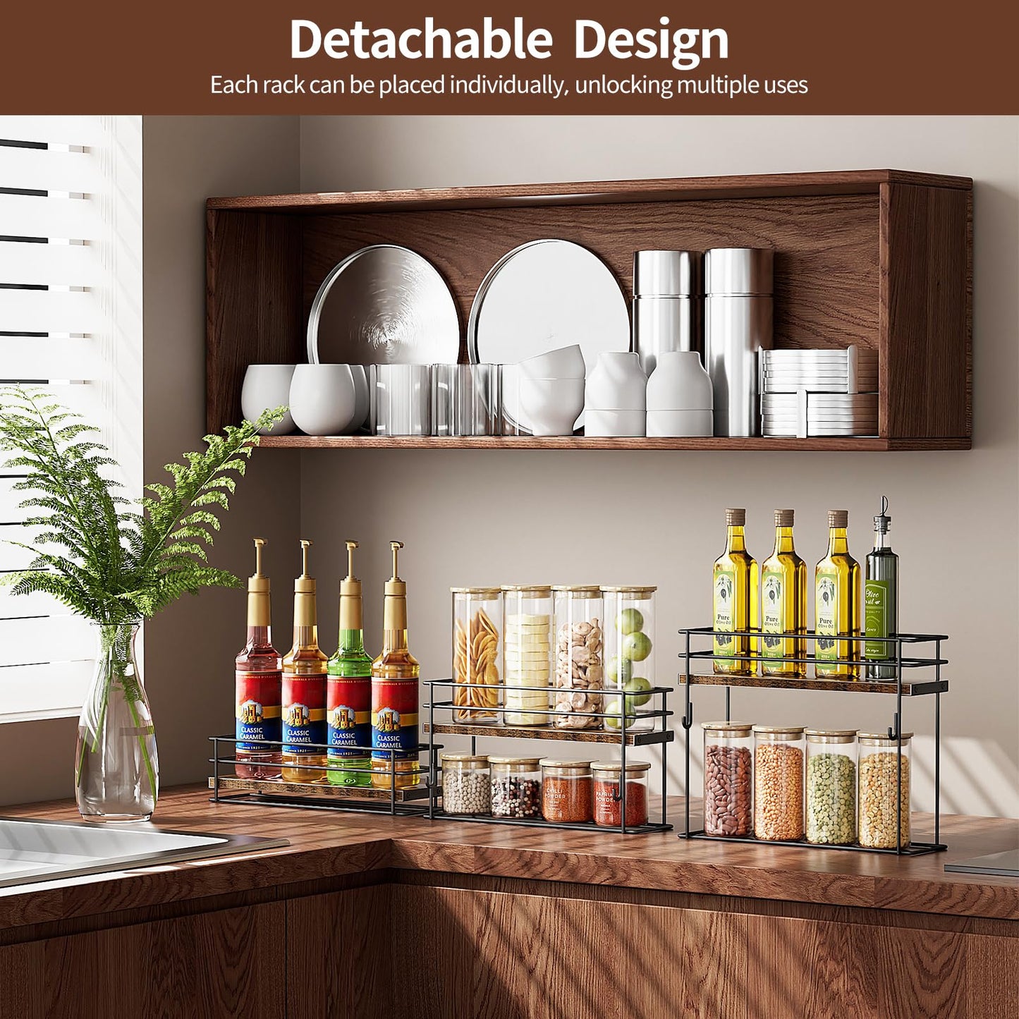 Nuovoware Coffee Syrup Organizer, 3-Tier 12 Bottles Separable Metal Rack with Wooden Base Whiskey Wine Dressing for Countertop Kitchen Bar, Black