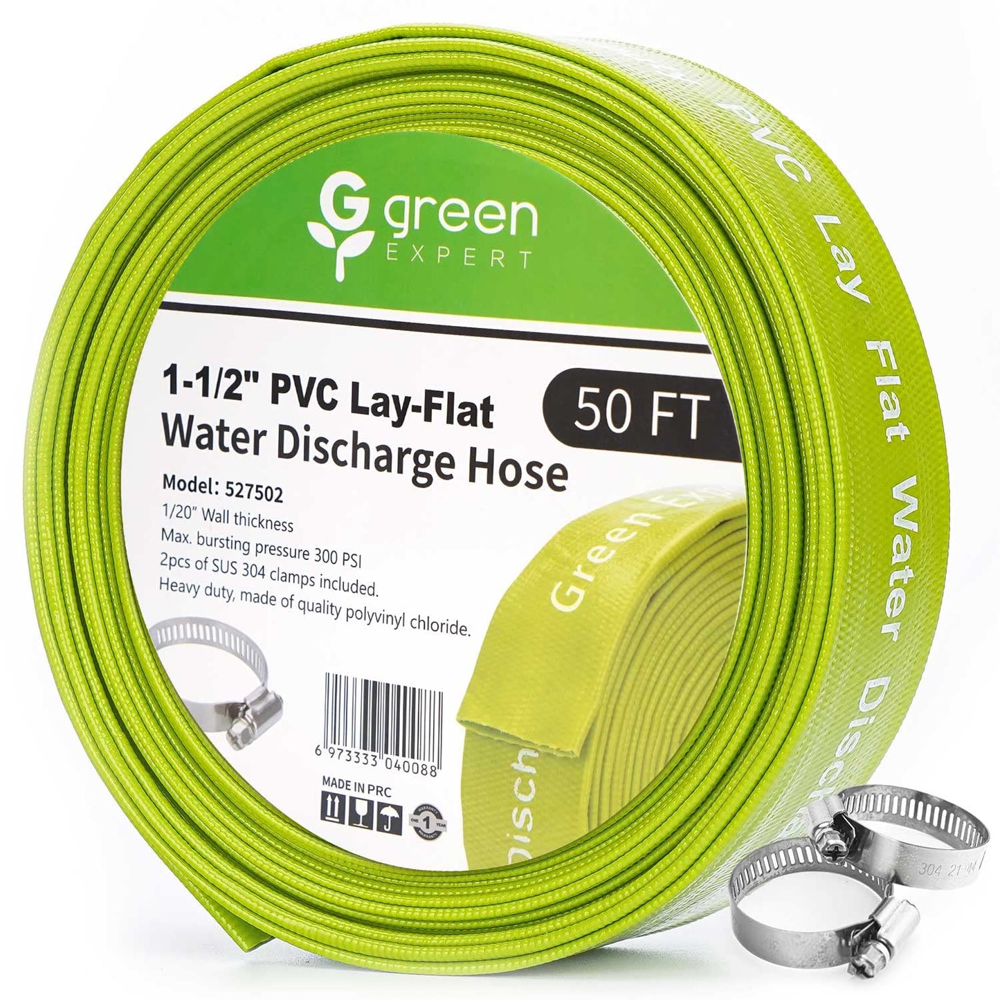Green Expert 1-1/2" ID PVC Lay-Flat Discharge Hose Heavy Duty for Pump Draining Pool Filter Backwash Garden Pond Flooded House Water Disposal, 50 Feet Length with Steel Clamp Kit