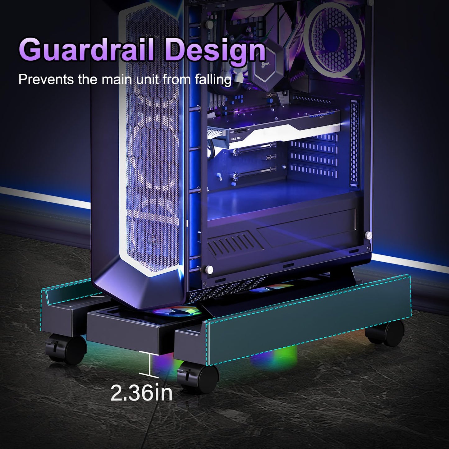 Adjustable Computer Tower Stand with Cooler Fan and Light, PC Stand for Floor, Mobile CPU Holder with 4 Caster Wheels Fits Most PC Tower, Under Desk CPU Holder for Office, Gamers and Students