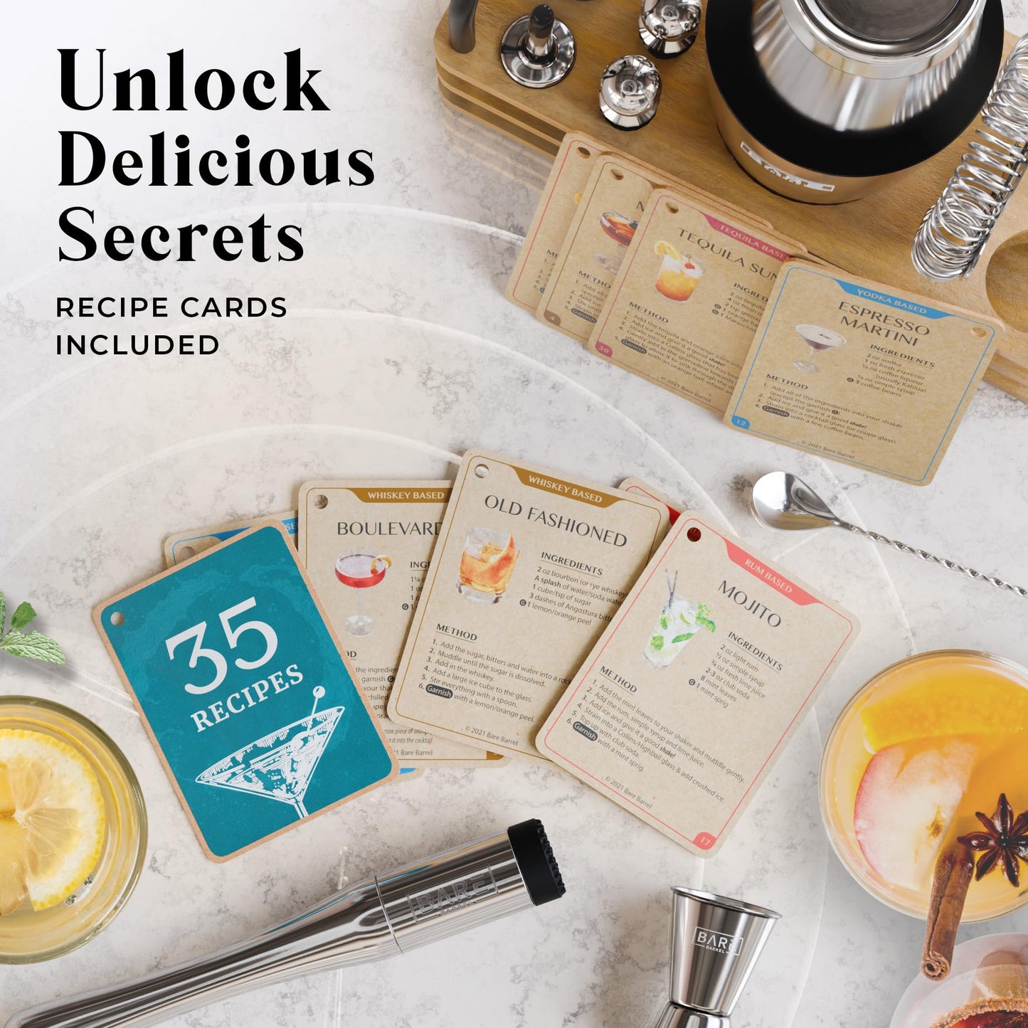 Pro Cocktail Kit | Mixology Bartender Kit | 14-Piece Cocktail Shaker Set | Martini Home Bartending Bar Accessories | Incl. 35 Recipe Cards | Gift Set (800ml/28oz Boston Shaker, Silver/Natural)
