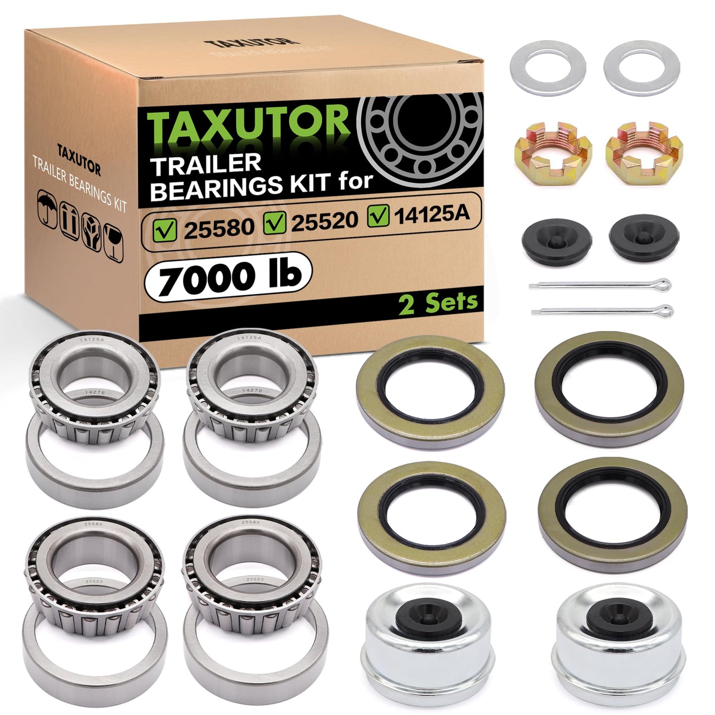Taxutor 2 Sets 25580 14125A Trailer Bearings Kits, Grease Seals,Spindle Nuts, 2.72"" Dust Caps and Rubber Plugs, Cotter Pins, Washers for 5200-7000 lb, Black