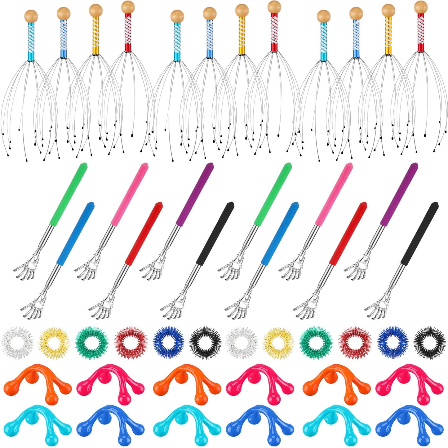 Geiserailie 48 Pack Head Scratcher Scalp Massagers, Extendable Back Scratchers, Four Point Massage Tools, Finger Massager Rings for Deep Relaxation Stress Relief Hair Stimulation Men Women Adult Gifts