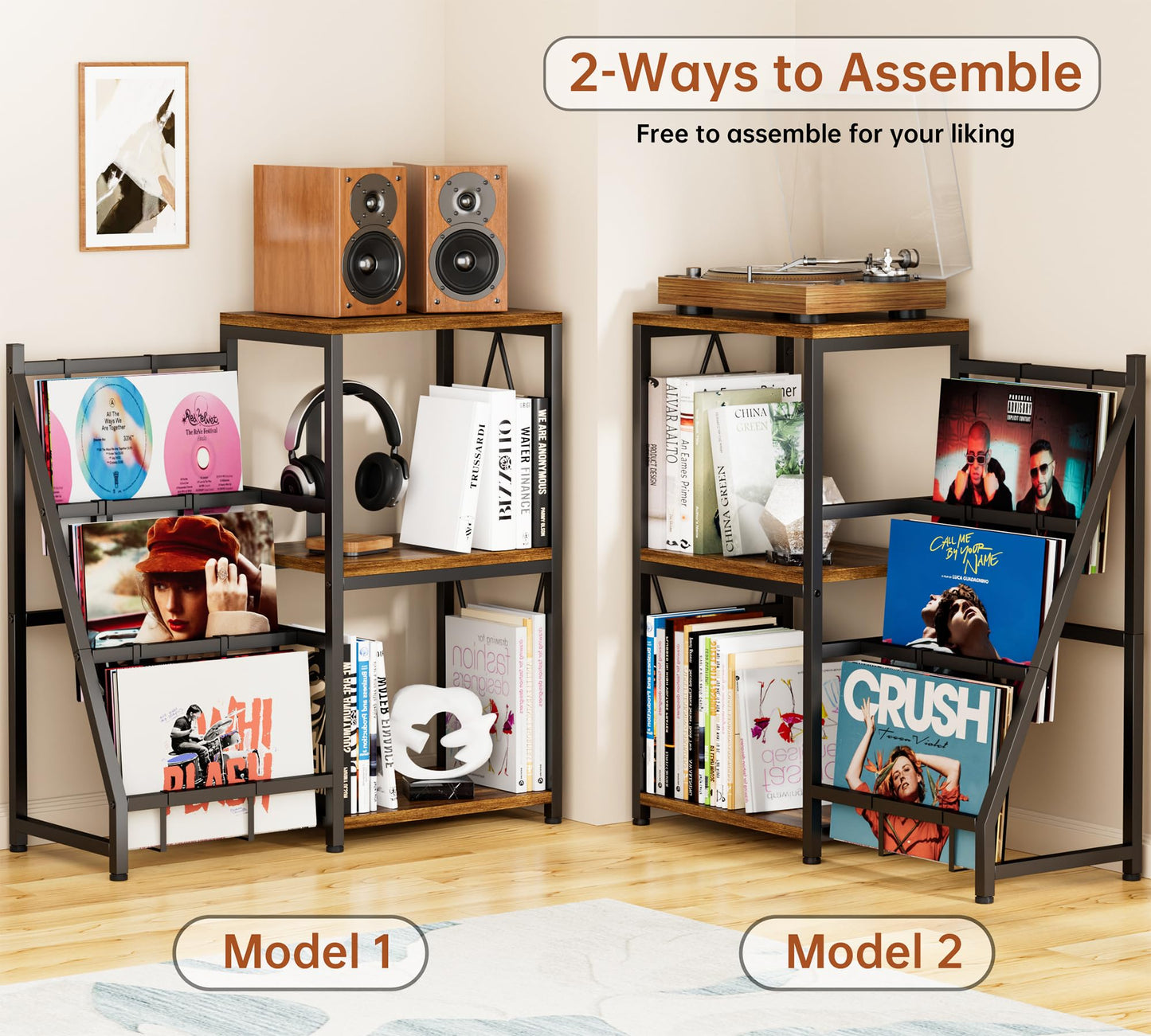 Y&M Record Player Stand with Vinyl Storage, Vinyl Record Shelf Holds Up to 200 Albums, 3-Tier Turntable Stand Table, Record Display Shelf for Album CD, End Table for Bedroom, Living Room