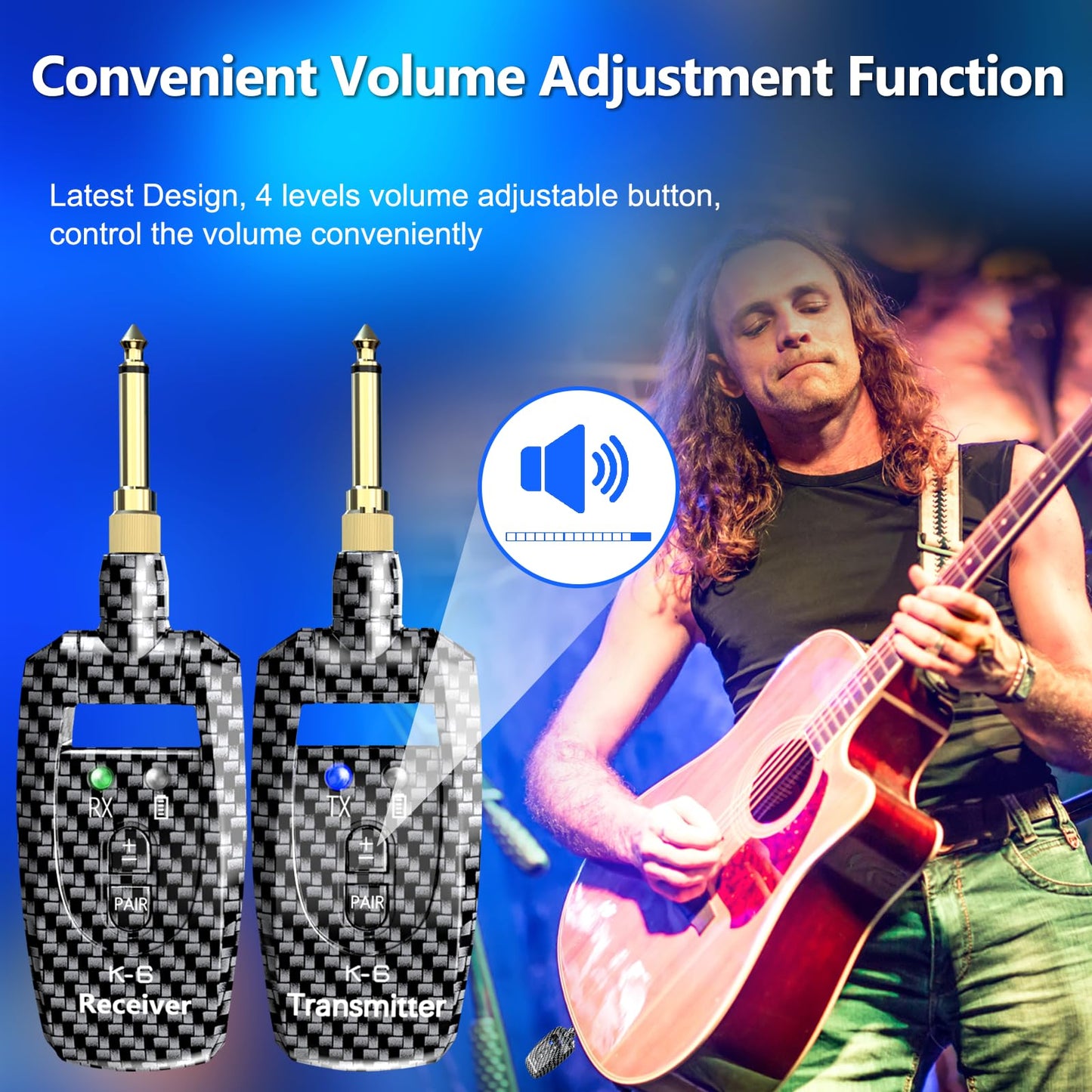 K6 Wireless Guitar Transmitter Receiver,2.4GHz Transmitter Receiver, 24-bit 48KHz Audio, 100ft Range, Rechargeable 5-Hour Battery, 250° Rotating Plug, No Latency for Electric Bass, Guitar Accessories