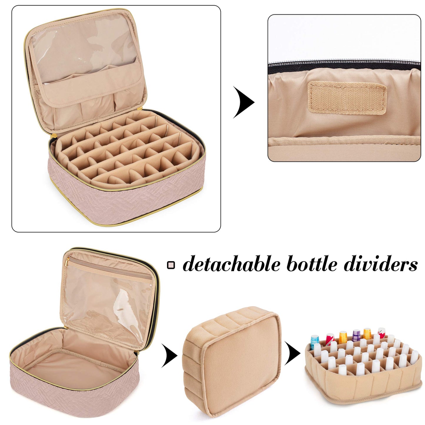 Luxja Detachable 2 Layers Nail Polish Organizer - Hold 60 Bottles (15ml - 0.5 fl.oz), Nail Polish Case with Tools Storage Pockets (Patented Design), Pale Rose