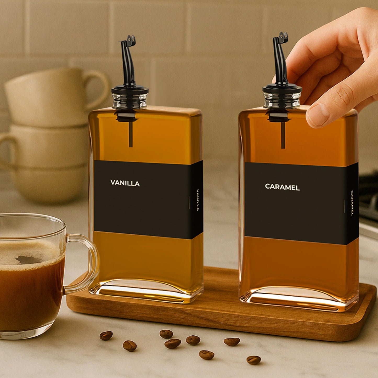 Spaceneat Olive Oil Dispenser Bottle - Includes 48 Kitchen Essential Labels - Cooking Oil Bottles for Kitchen, Coffee Syrup Dispenser - Pourer Spout with 350 mL Glass Container Cruet - 4pcs, Black