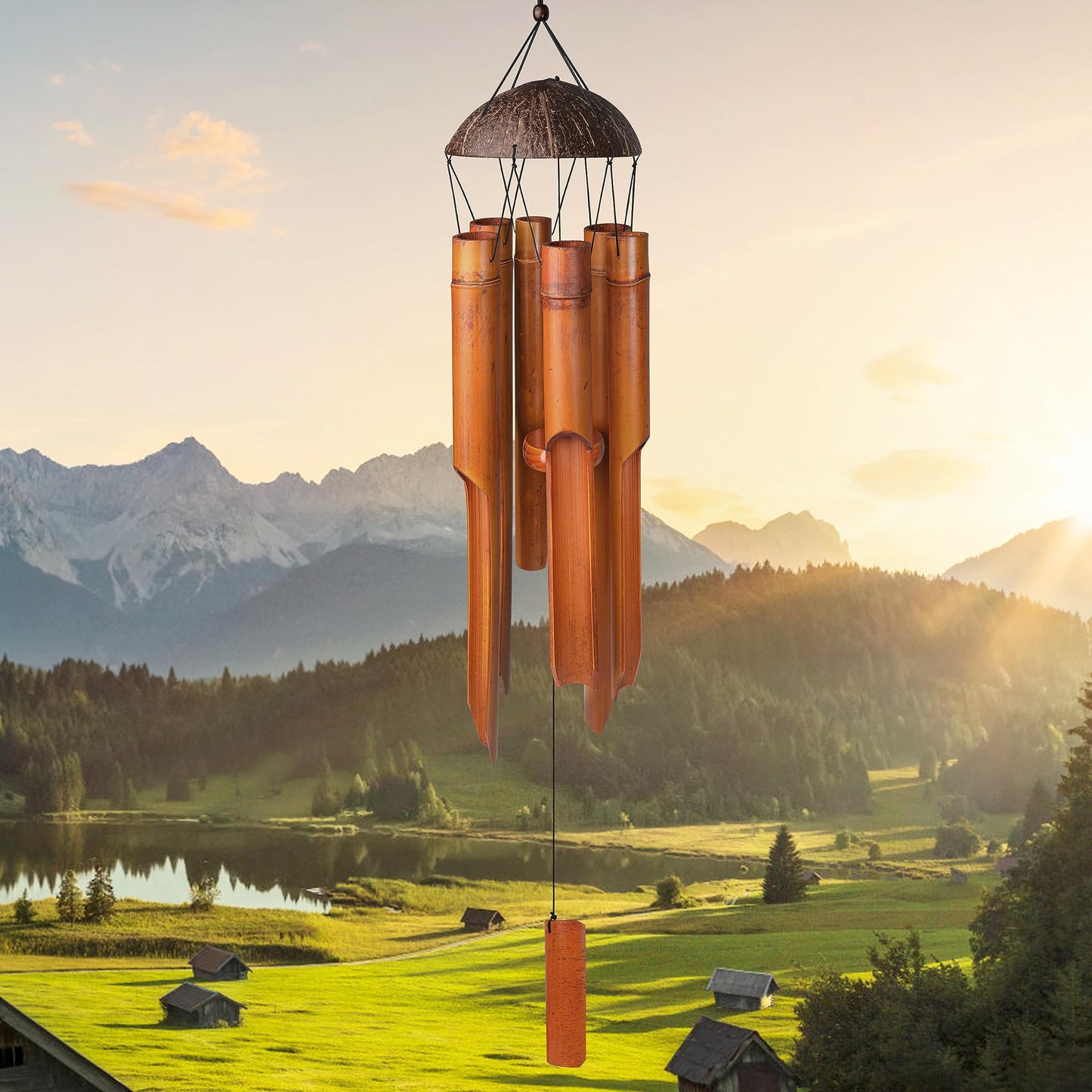 38" Bamboo Wind Chimes 6 Pipes, Handcrafted Bamboo Wind Chime Bring a Unique and Soothing Melody, Create a Zen Atmosphere for Outdoor Indoor Decor, for Sympathy, Memorial