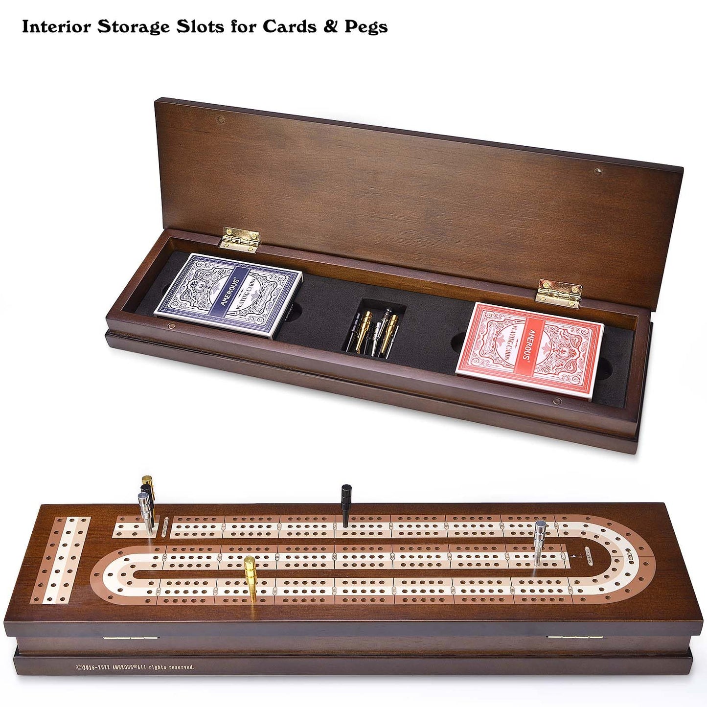 AMEROUS Wooden Cribbage Board Game Set with Magnetic Lock - Metal Pegs - 2 Playing Cards - Continuous 3 Track Board - Larger Storage Area - Instructions, Travel Portable Cribbage Game Sets for Family