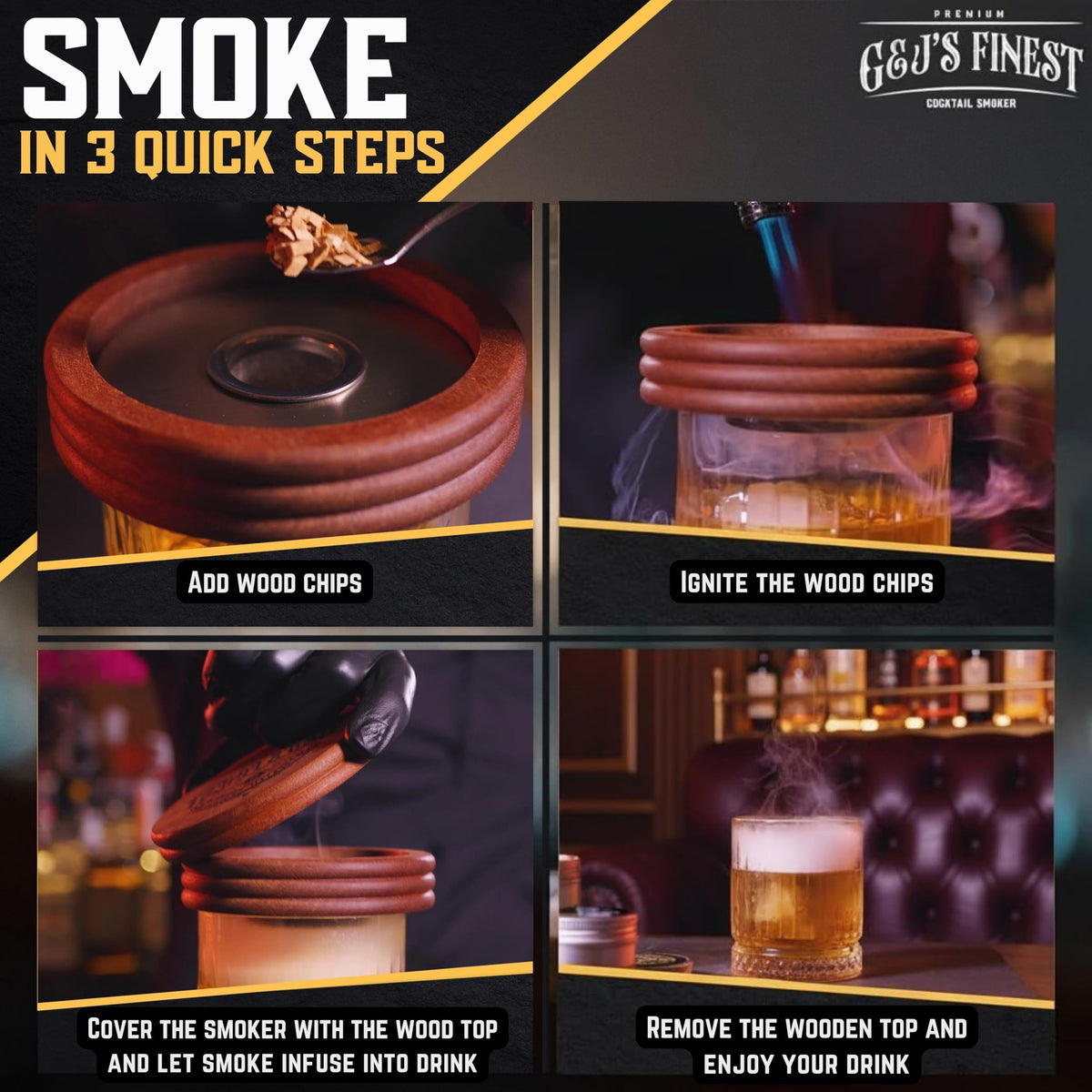 Whiskey Smoker Kit with QuadTorch, 6 Wood Chips & Wooden Gift Box | Cocktail Infuser | Bourbon Barware | Old Fashioned Drinks | Smoked Whisky Present for Dad, Men, Father’s Day, No Butane