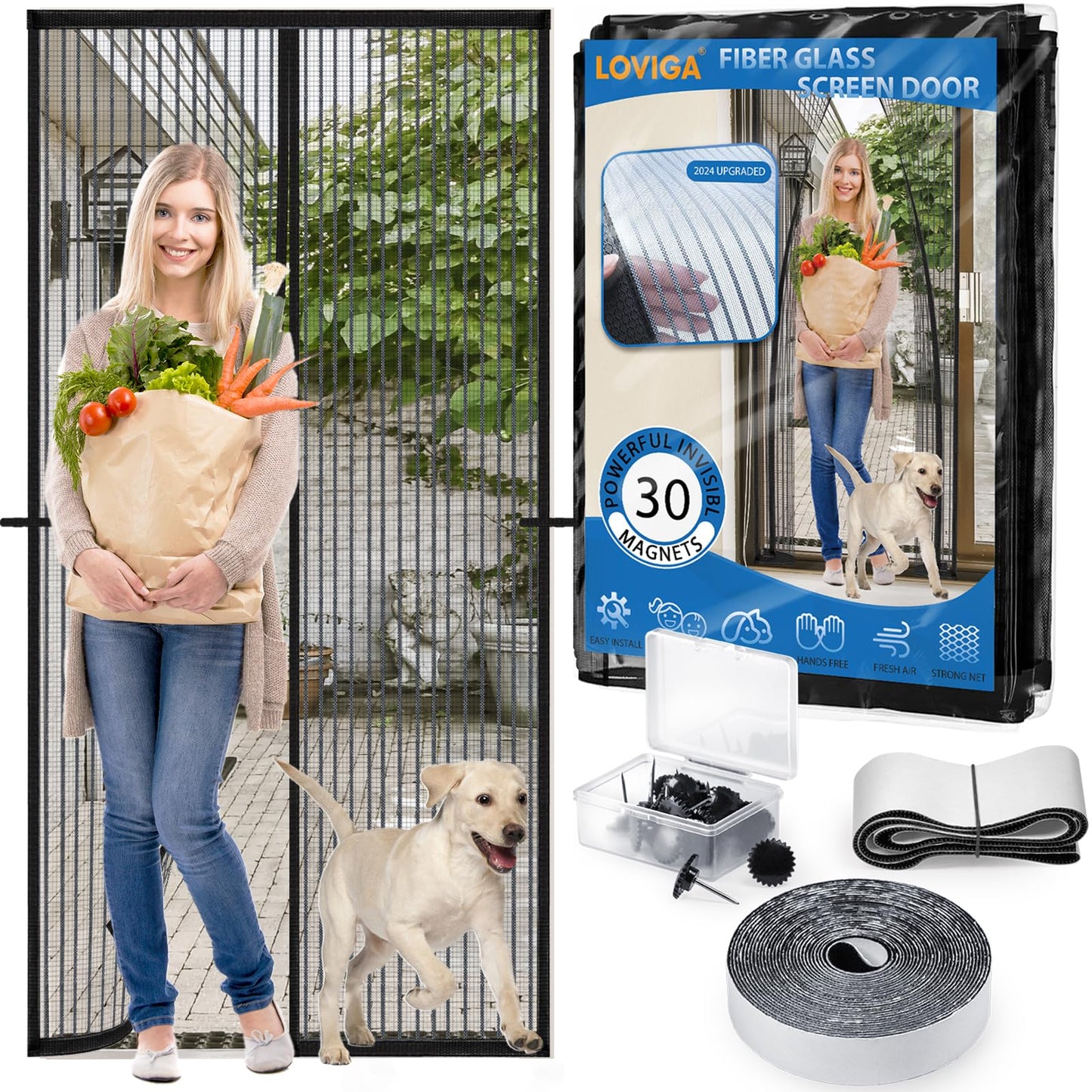 Magnetic Screen Door Heavy Duty, LOVIGA Thickened Fiberglass Screen Door Mesh, Self Sealing, Tear Resistant, Easy Assemble, Fine Mesh Keep Bugs Out 38 Inch by 83 Inch