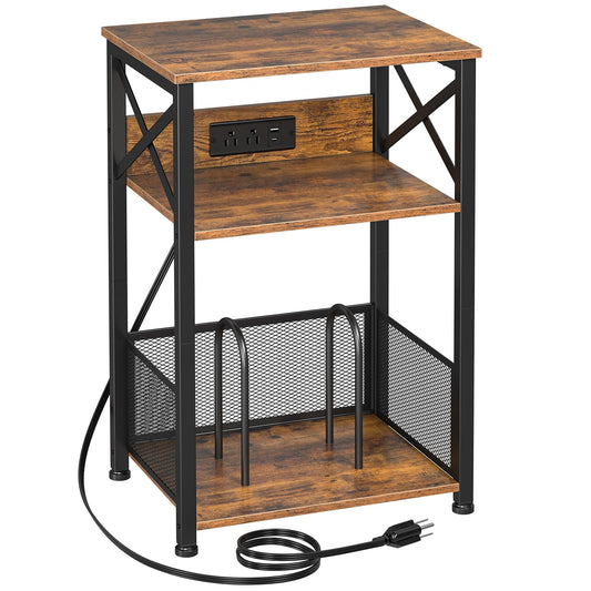 AMHANCIBLE Record Player Stand with Charging Station, Turntable Stand with Storage Cabinet, 3 Tier End Table Hold Up to 100 Albums, Record Stand for Vinyl, Living Room, Rustic Brown, HETCD01BR-1