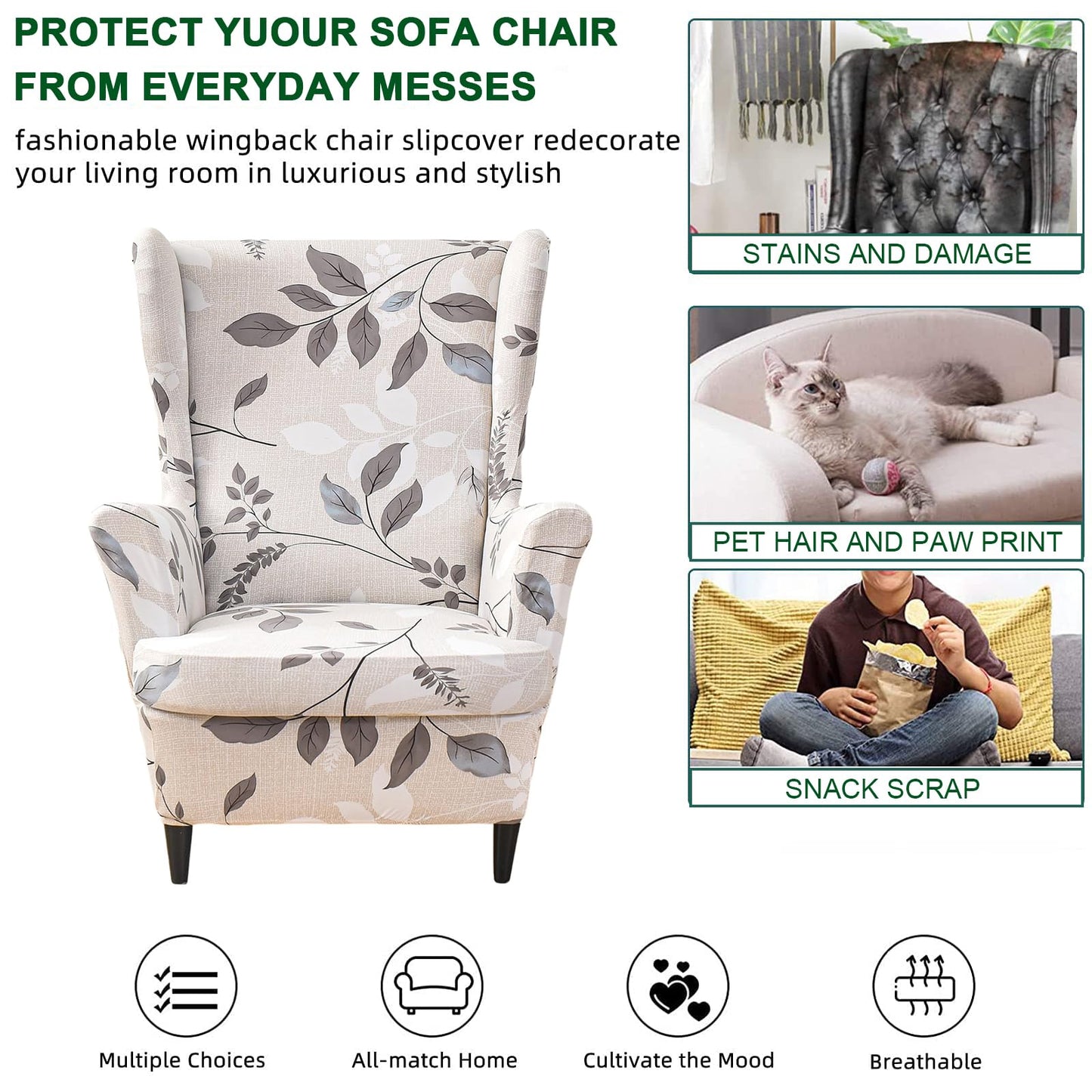 CRFATOP 2 Piece Stretch Wingback Chair Slipcover Printed Wing Chair Covers Polyester Fabric Wingback Armchair Covers Furniture Protector with Elastic Bottom for Living Room Bedroom Wingback Chair,02