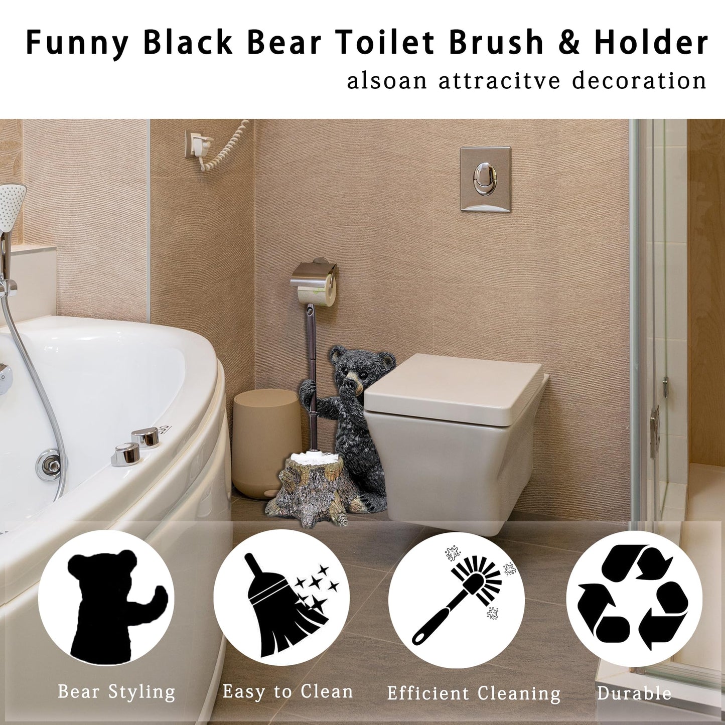 Toilet Brush Holder Set for Bathroom Super Cute Bear Base Solidly Toilet Bowl Brush and Holder Flexible and Durable Style Stylish Toilet Cleaner Brush Saving Storage Space Toilet Brushes for Bathroom