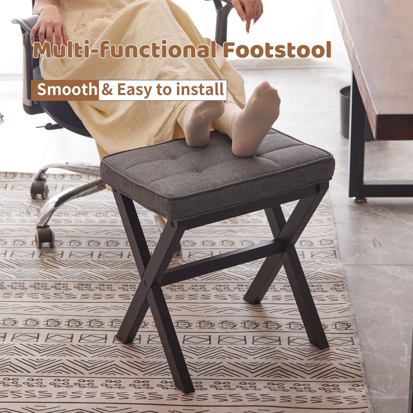 FILWH Foot Stool Small Ottoman Padded for Under Office Desk, Vanity, Sofa - Bamboo Footrest Shoe Stool (Black Legs + Gray)