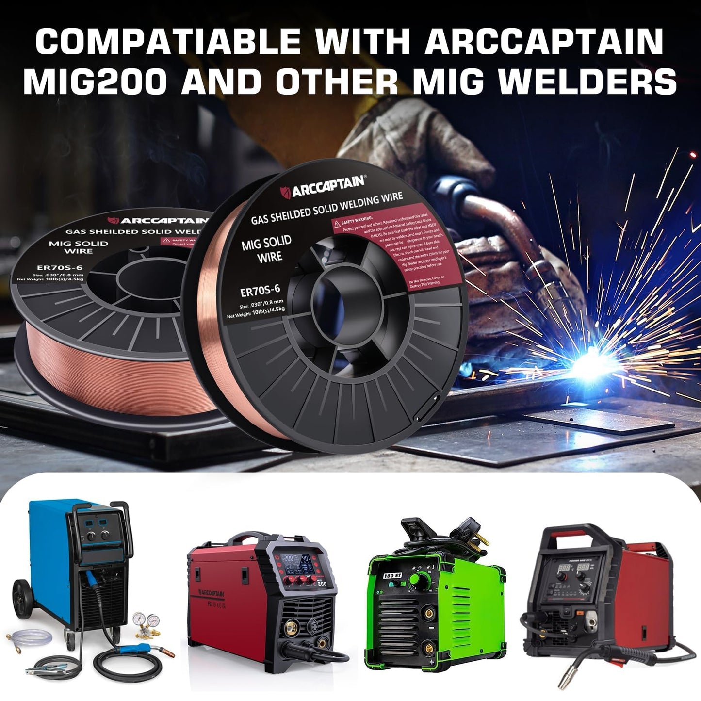 ARCCAPTAIN Mig Welding Wire, .030 Mig Wire ER70S-6 10Lbs Gas Solid Carbon Steel Low Splatter & High Levels of Deoxidizers Mig Welding Wire Compatible with Lincoln Miller Forney Harbor Welder
