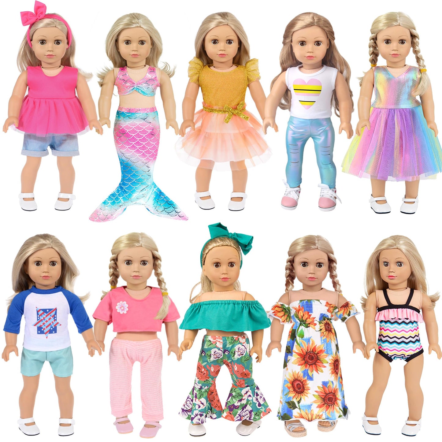 10 Sets 18 inch Doll Clothes and Accessories - Including Mermaid Costume, Stylish Casual Outfit, Swimwear Fit for 18 Inch Doll (No Doll)