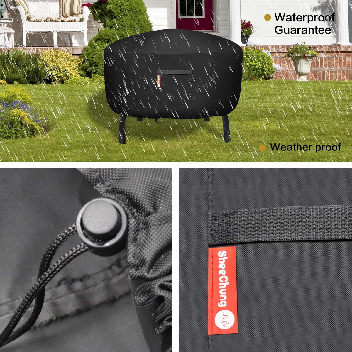 SheeChung Round Gas Fire Pit/Table Cover-Heavy Duty 600D Polyester with PVC Coating Material,100% Weather Resistant and Waterproof,Fits 30",33",36",35", 34" Fire Pit/Bowl Cover,Black,36”Dia X 24”H