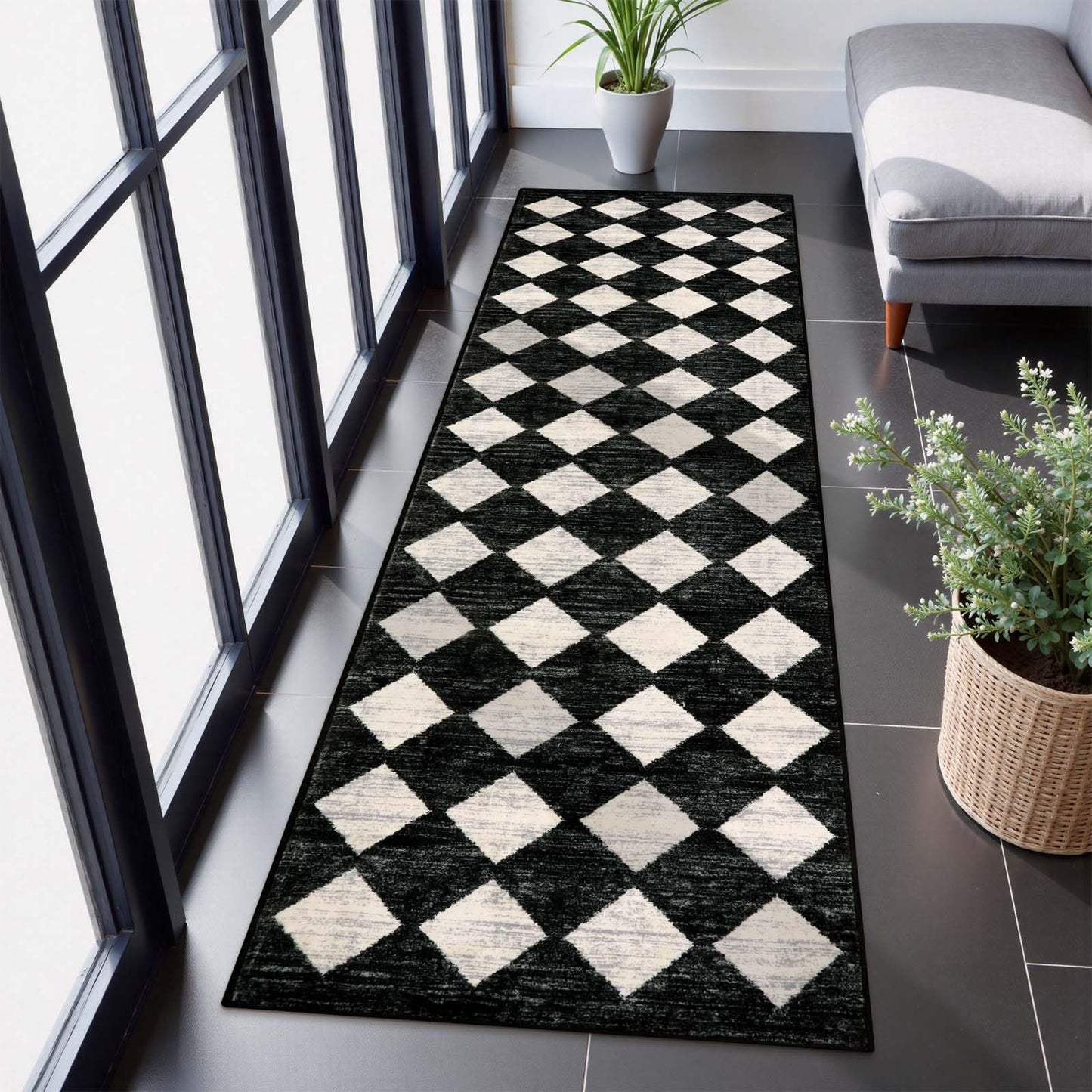 Lahome Checkered 2x8 Black Hallway Kitchen Bathroom Runner Rug with Rubber Backing, Washable Non Skid Moroccan Trellis Entry Carpet Runner Indoor Mat for Camper Entryway Bedroom Hardwood Floor