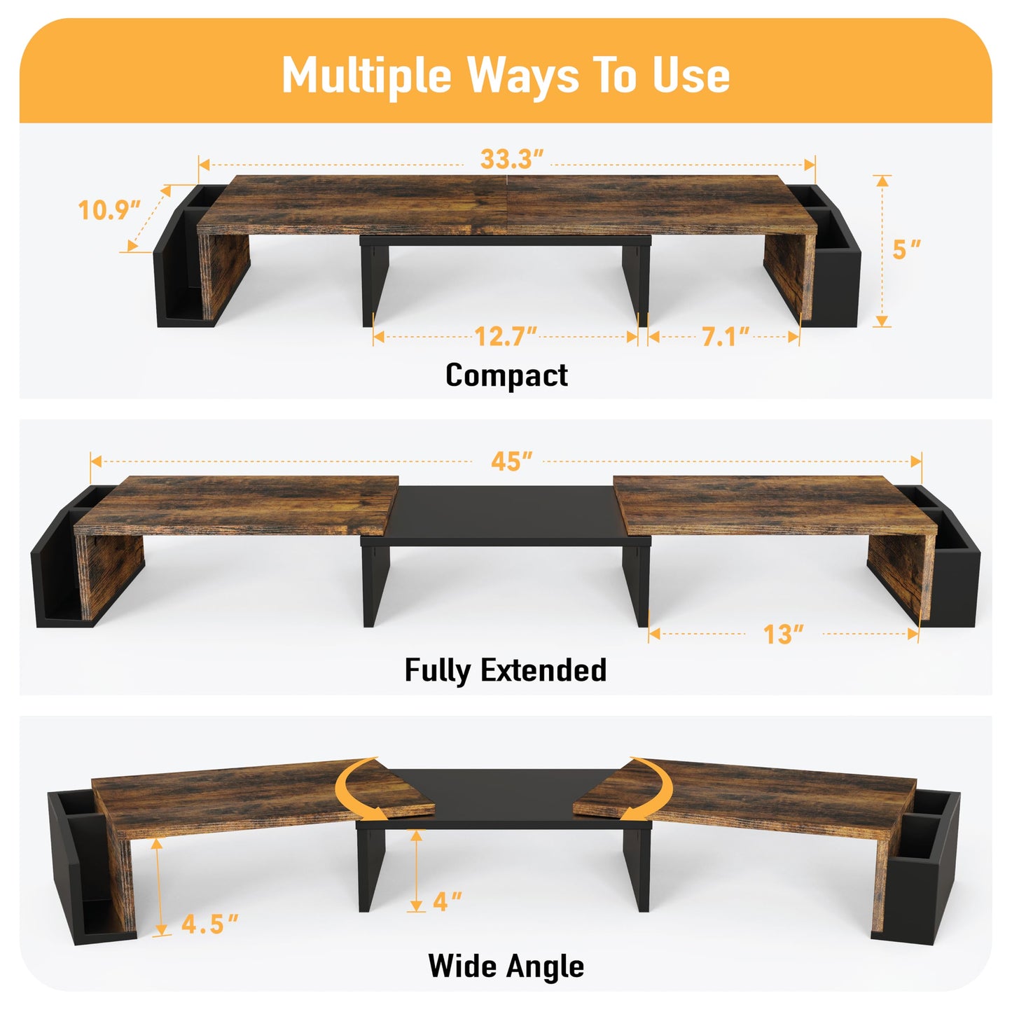 Simple Houseware Dual Monitor Stand Riser of Adjustable Length and Angle Shelf with Holder and Drawer, Rustic Brown