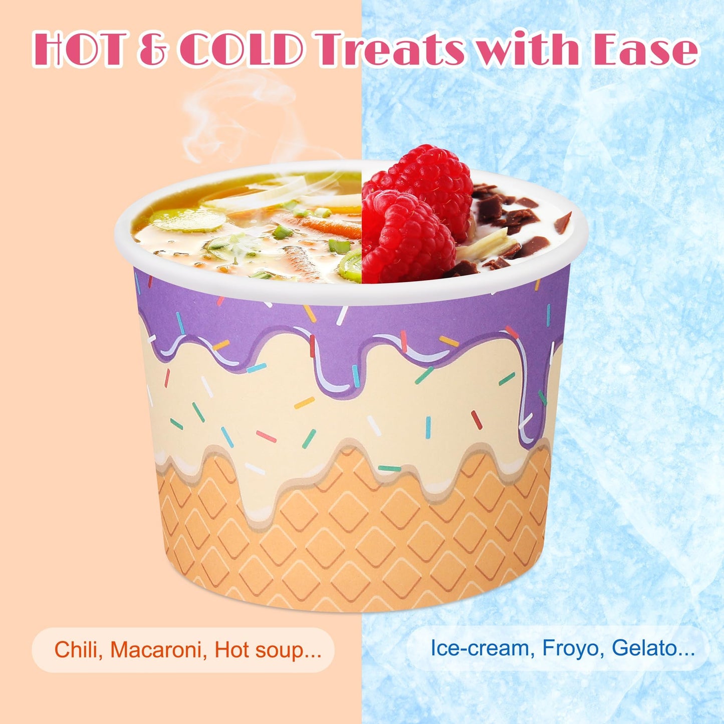 Kochorie 120 Pieces Paper Ice Cream Cups 8 Ounces Disposable Dessert Bowls Ice Cream Containers Sundae Bowls Party Supplies Treat Cups for Hot and Cold Sundae Soup Frozen Yogurt, 6 Designs