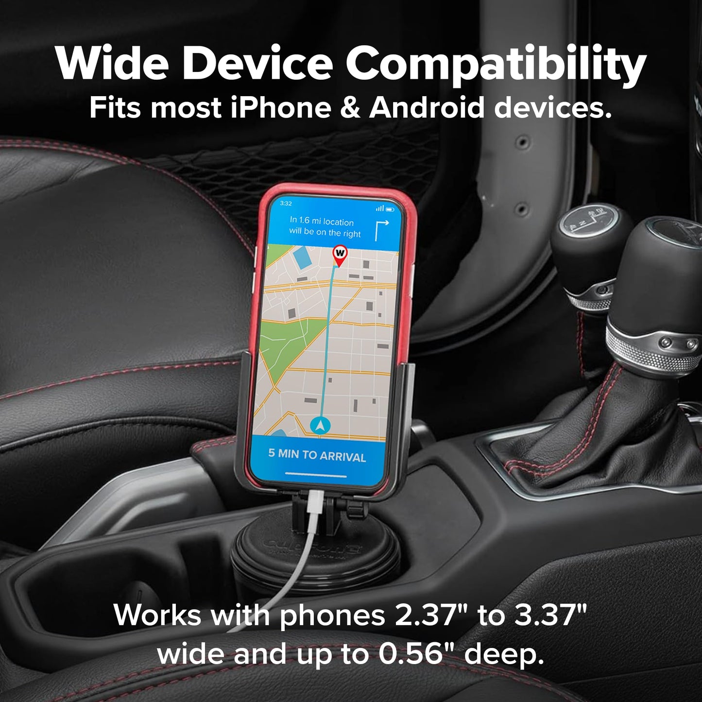WeatherTech CupFone, Universal Cup Holder Phone Mount for Cars – Adjustable & Secure Fit with Open Access for Charging – Compatible with iPhone, Android (Black Plastic Knobs)