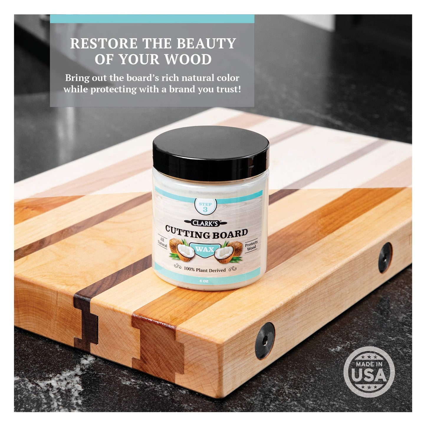 CLARK'S Coconut Cutting Board Oil and Wax Finishing Kit - Made With Refined Coconut Oil - Includes 12oz Oil, 6oz Wax, Small Applicator and Buffing Pad - For Butcher Block