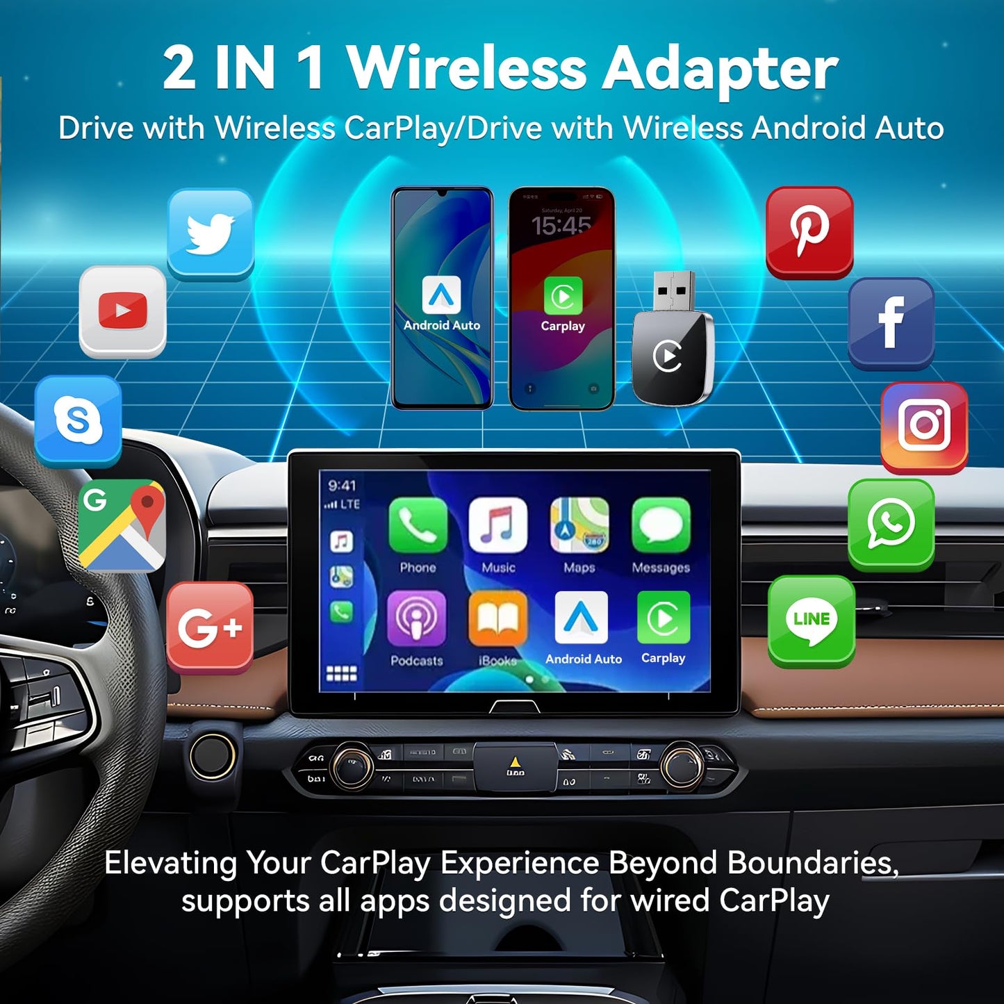 Mini Wireless CarPlay Adapter for iPhone,2 in 1 for Apple Carplay and Android Auto Adapter,Convert Wired to Wireless, Plug & Play, USB to USB-C/Type-C, Stable Control & No Delay, Black