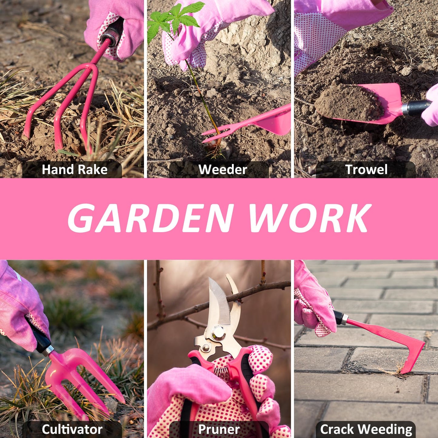 Gardening Tools 9-Piece Heavy Duty Gardening Hand Tools Set (Pink),Stainless Steels and Reinforced Garden Supplies Kit, Durable Garden Organizer Handbag,Ideal Gardening Gifts for Women