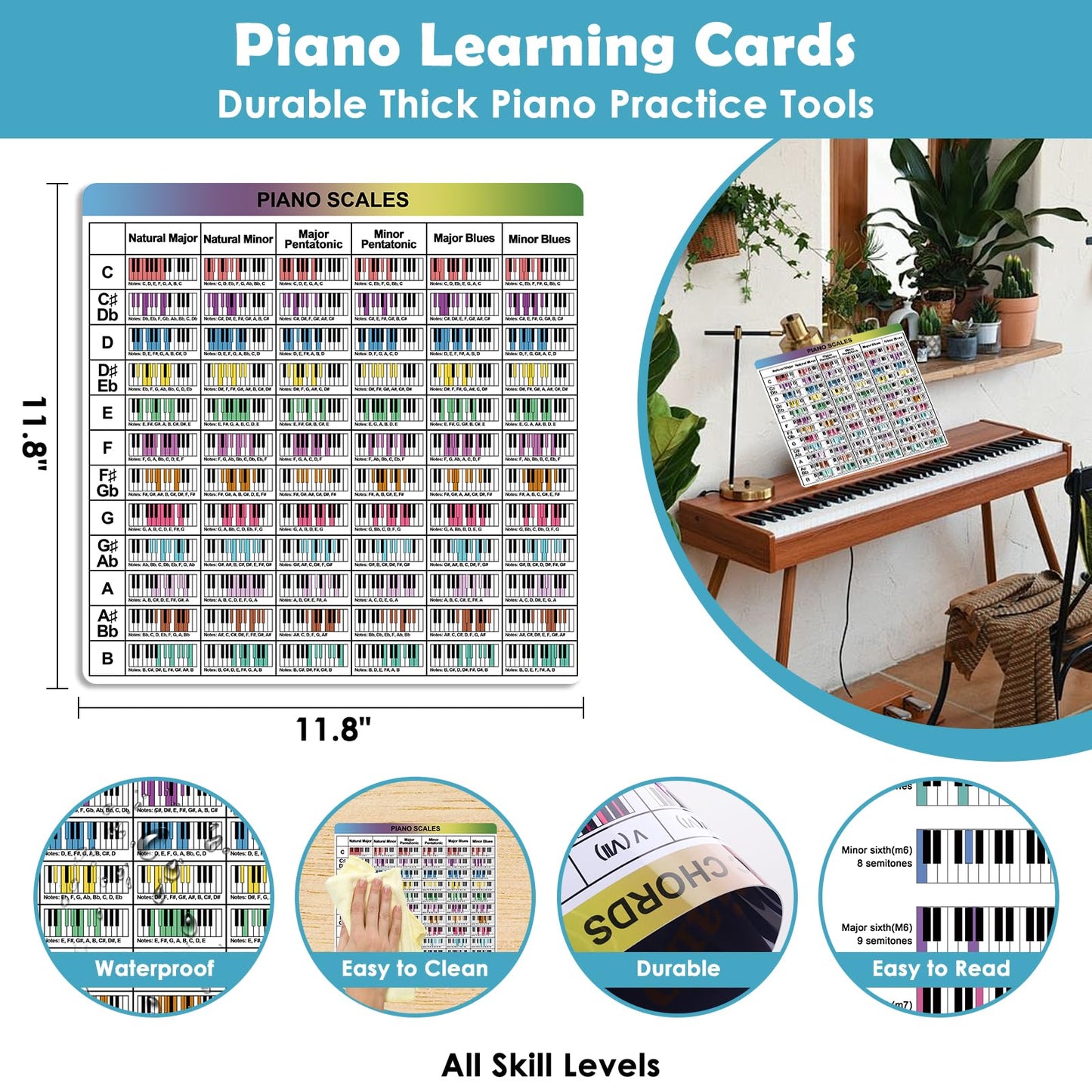 Enjoyard Piano Theory Cheat Sheets - 7 Large 30x30cm Piano Learning Cards for Beginners & Intermediates | Scales, Chords, Intervals, Circle of Fifths, Staff Notes Reference Guide Piano Practice Tools