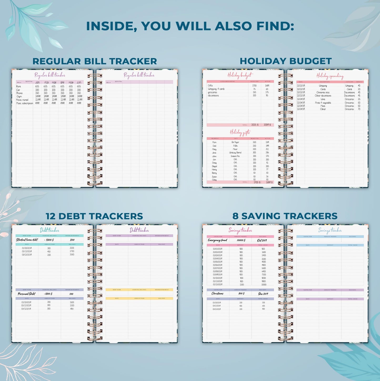 PLANBERRY Budget Planner & Monthly Bill Organizer with Pockets Premium – Home Finance & Bill Payment Organizer – Budgeting Book with Income & Expense Tracker - 7x8.5″ Hardcover (Spring Bloom)