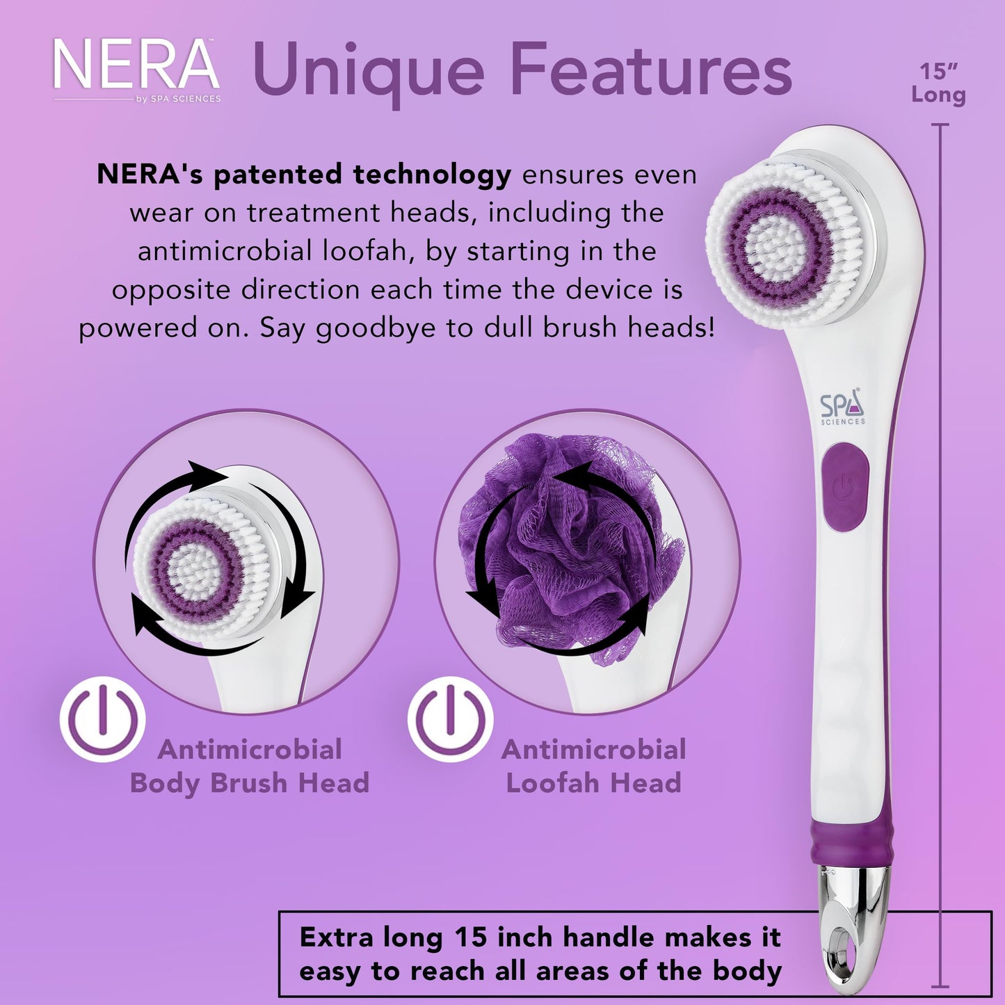 Spa Sciences - NERA Powered Shower Brush - 3-in-1 Multifunction Back & Body Brush - Exfoliation, Cleansing, Massaging - For All Skin Types - Includes Body Brush, Loofah, & Pumice Stone - USB Charging