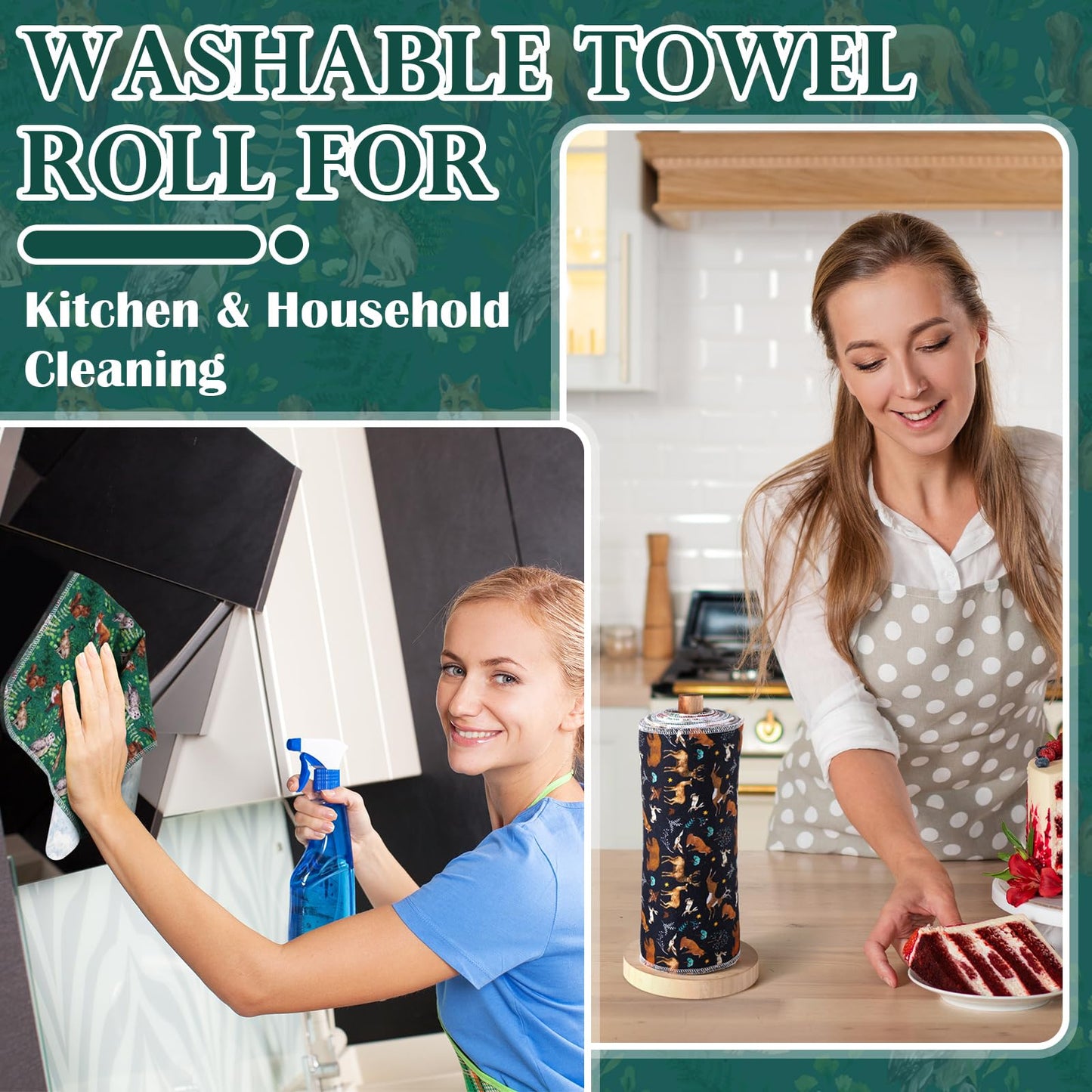Redbaker 30 Pcs Reusable Paper Towel Paperless Towel with Cardboard Roll Reusable Cloth Paper Napkins for Kitchen Washable Napkins Fit on All Holder Roll Home Household Clean(Animal,10 x 12 in)
