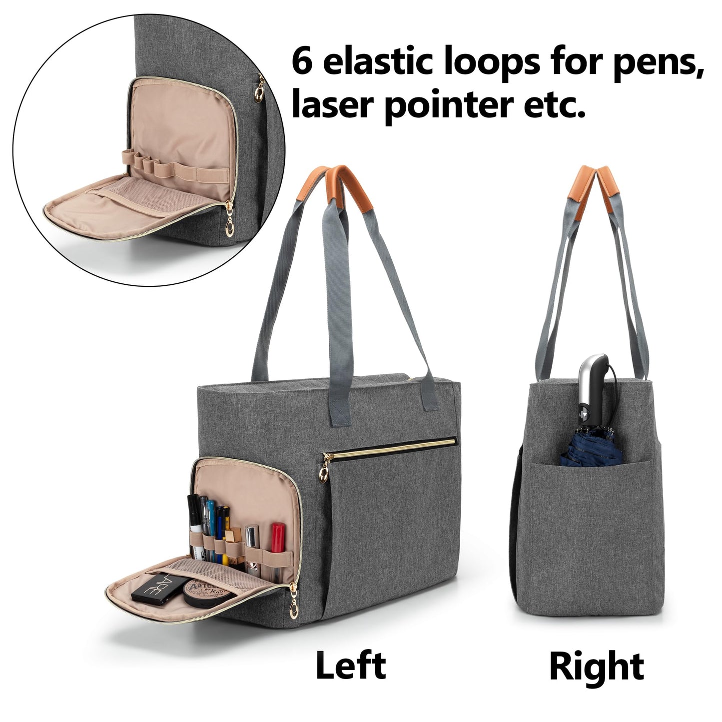 CURMIO Teacher Tote Bag for Women, Portable Teacher Work Bag with Padded Sleeve and Compartments for Laptop, School Supplies, Ideal Gifts for Teachers, Gray, Bag Only