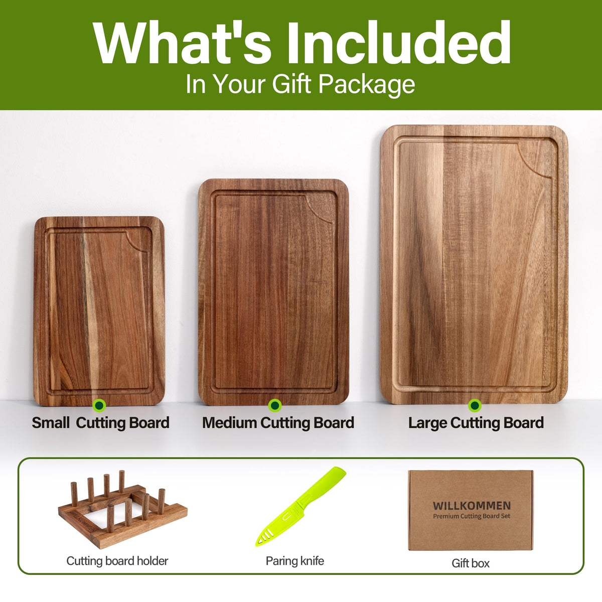 Wooden Cutting Boards for Kitchen, Wood Cutting Board Set with Juice Groove, Chopping Boards Set of 3（Small, Meduim & Large Charcuterie & Chopping Butcher Block for Meat