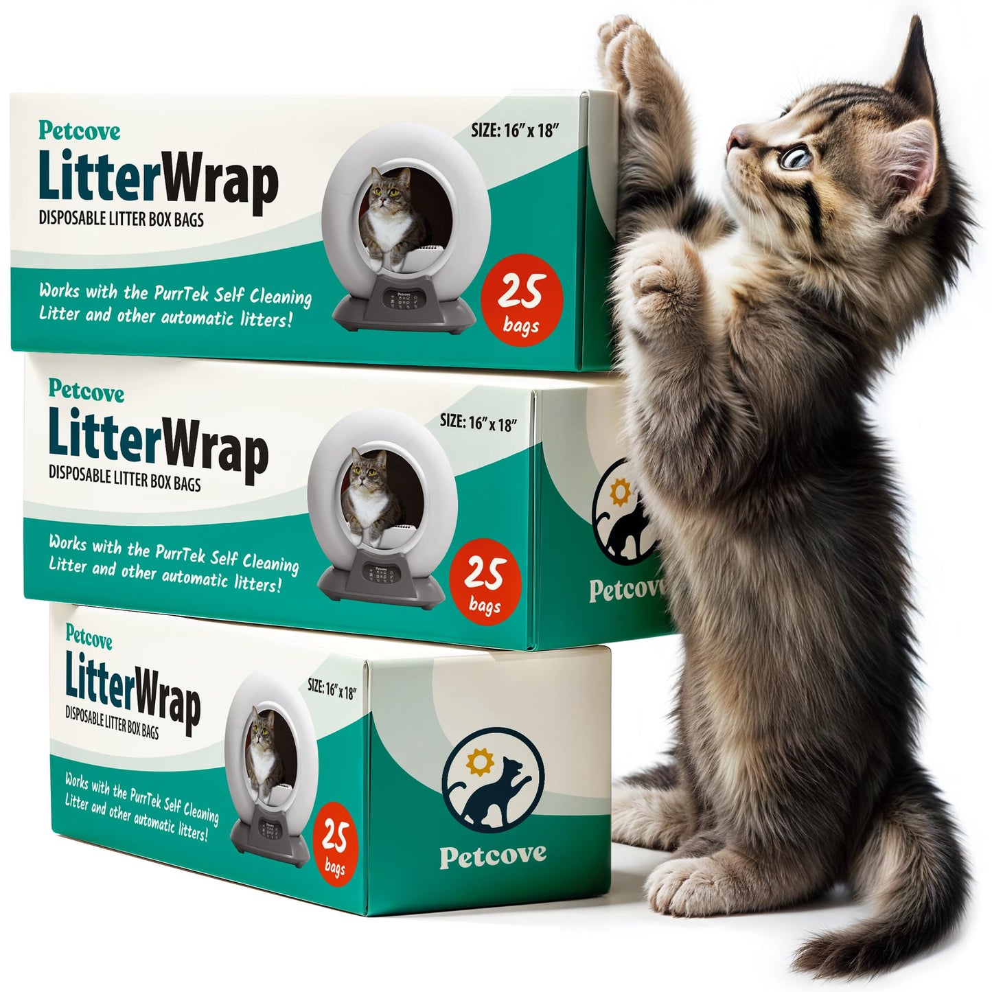 PetCove Premium Cat Litter Box Liners - Heavy-Duty 75 count Cat Litter Liner - Leakproof Poop Bags for Easy Cleanup -Cat Box Liners - Durable Odor Control Cat Liter Bags Bundle Pack of 3