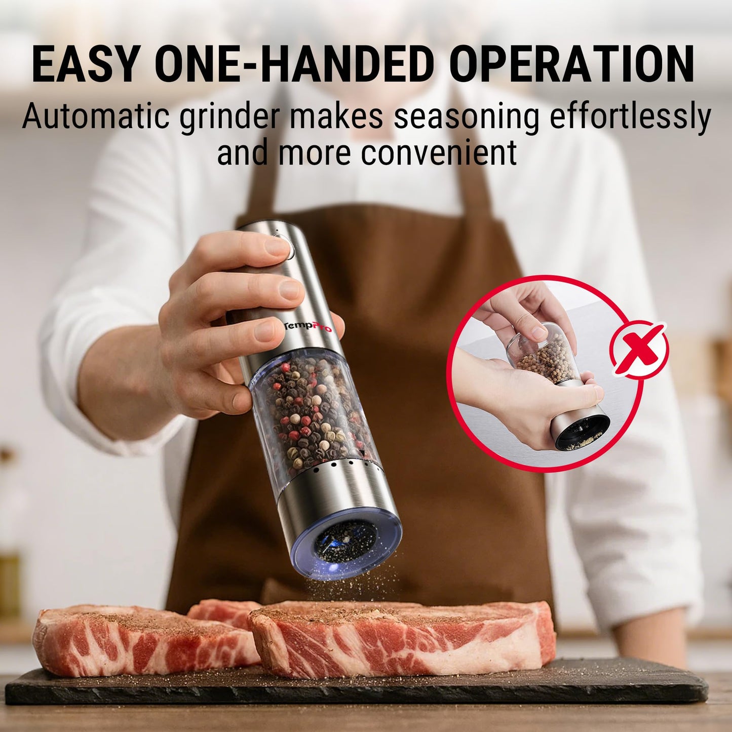 TempPro Electric Salt and Pepper Grinder Set with External Adjustable Coarseness, 100ml Rechargeable Salt and Pepper Shaker with LED light, Stainless Steel Automatic Pepper Mill (Previously ThermoPro)