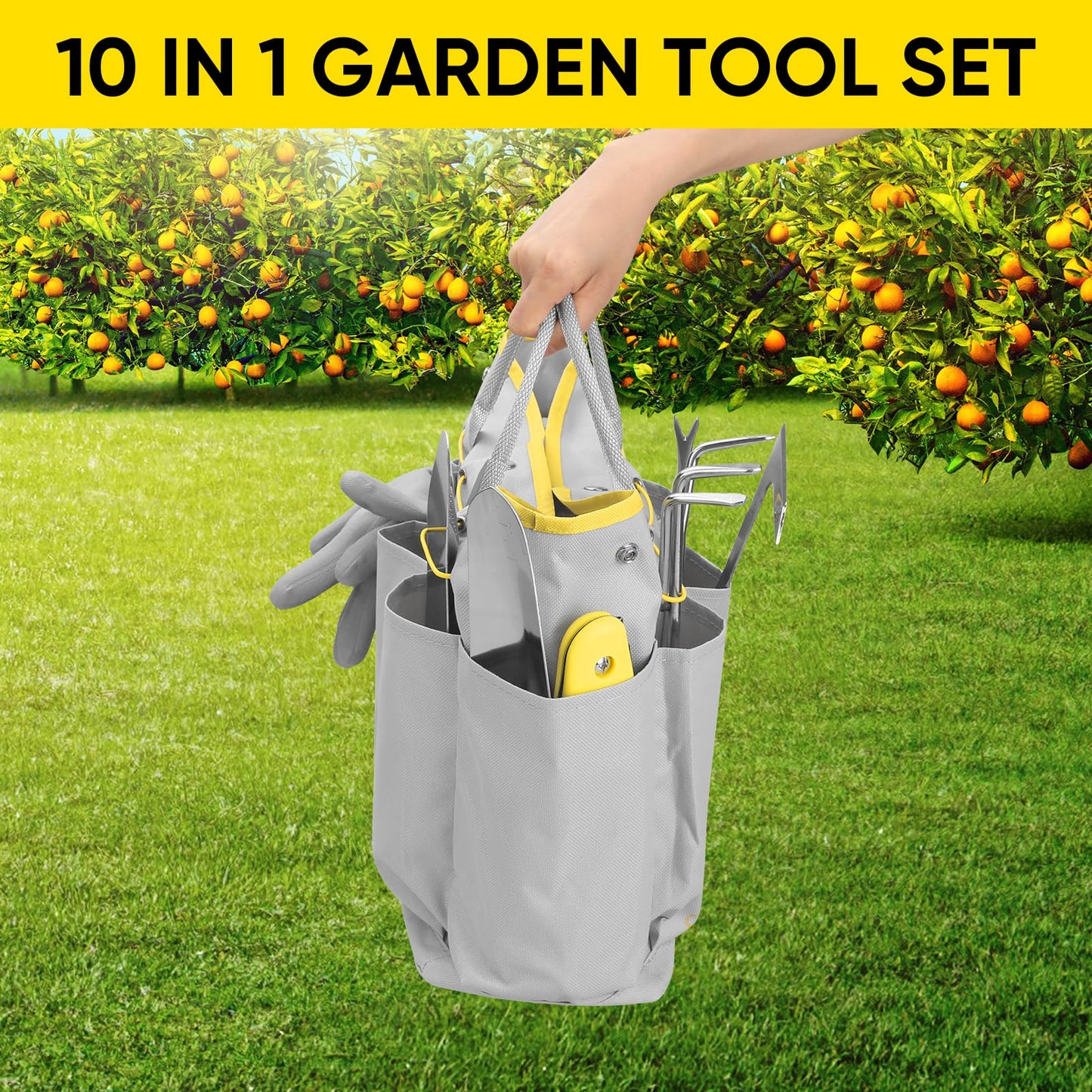 Blumway Garden Tool Sets, 10 Piece Stainless Steel Heavy Duty DIY Gardening Tool Set, for Planting Gardening Use with Carry Bag Gloves, Ideal Garden Gifts for Women Men (Gray)