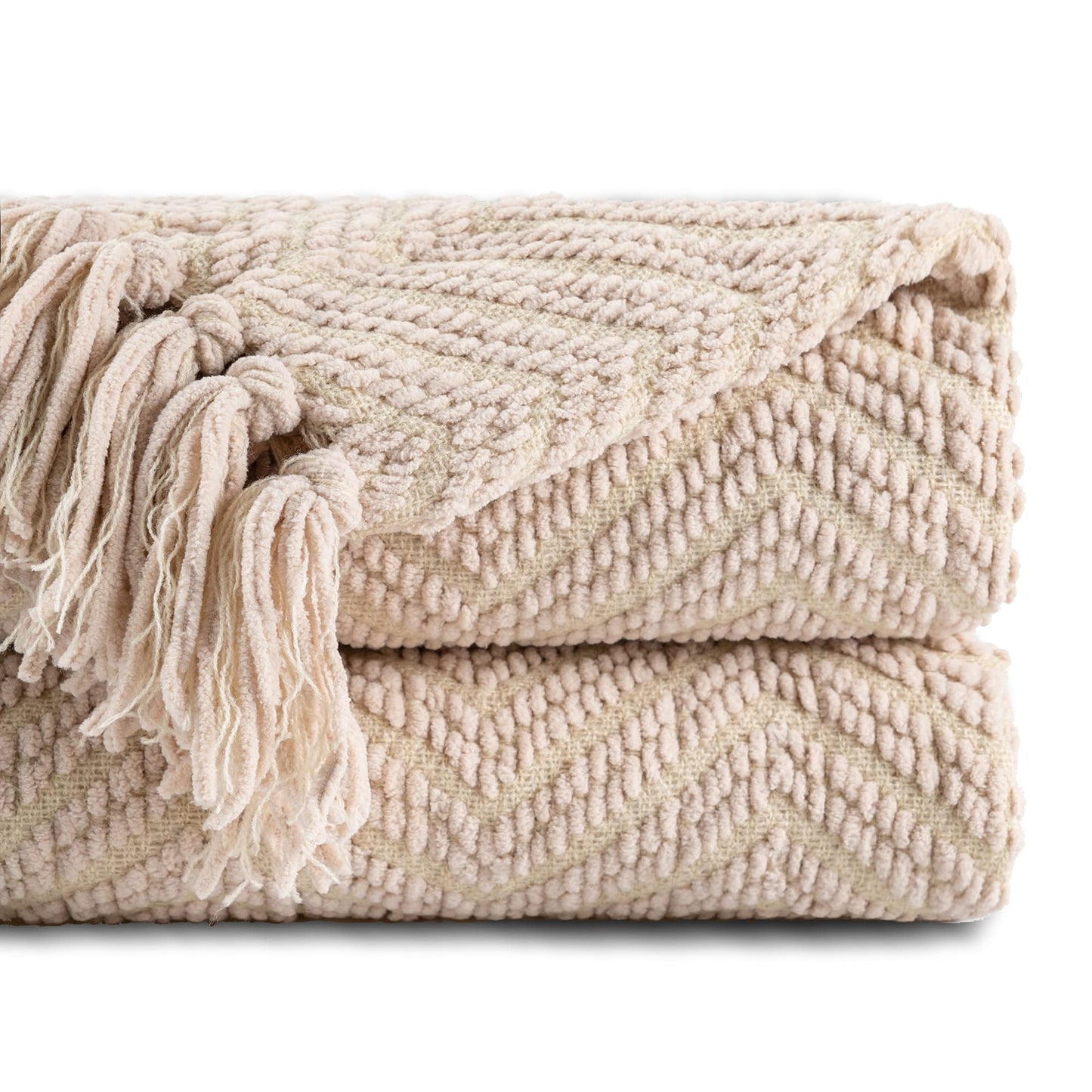 BATTILO HOME Beige Throw Blanket for Couch, Soft Warm Cozy Knitted Throw Blanket with Tassels, Zig Zag Sofa Blanket Bed Throw for Living Room All Season Decor, 50" x 60"