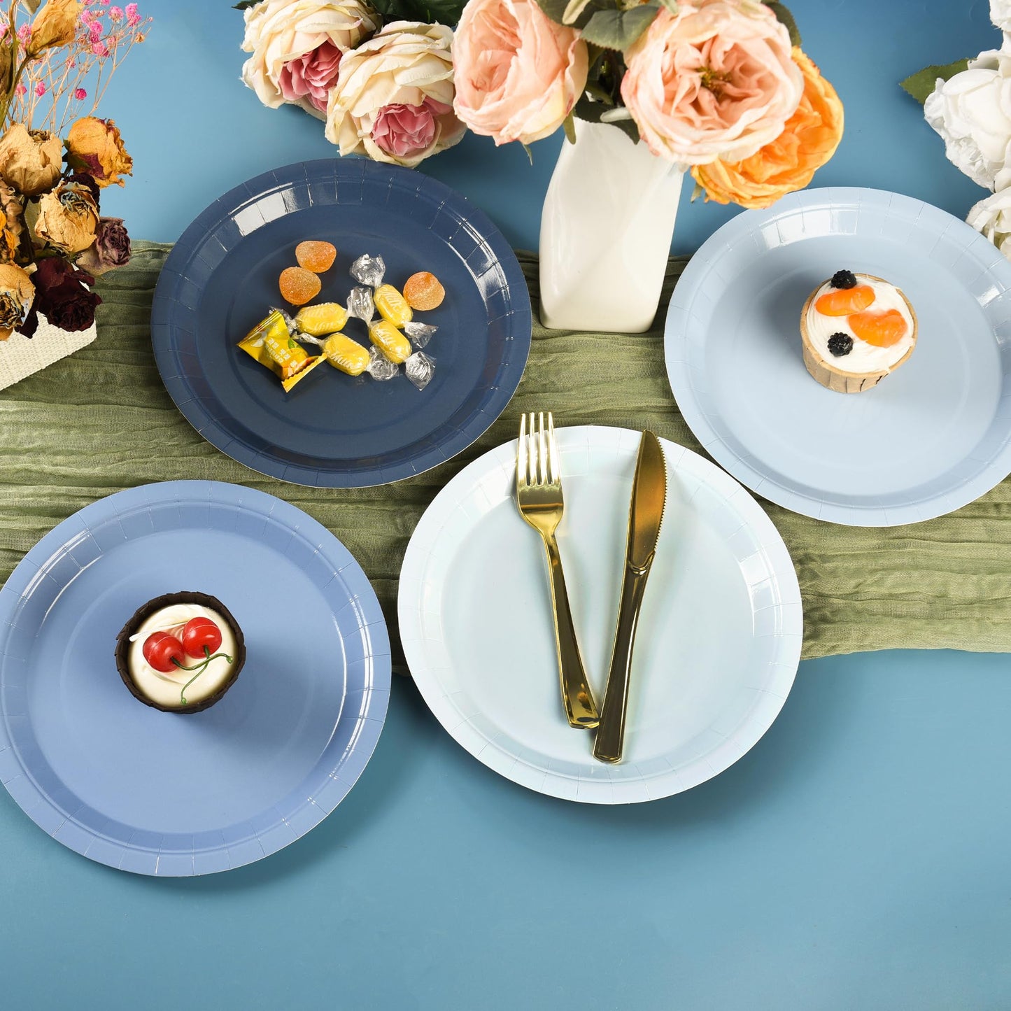 AimFun 48Pcs Dusty Blue Paper Plates Gradient Blue Party Plates 9 Inch Disposable Pastel Birthday Plates Round Dinner Dessert Plates for Wedding Baby Bridal Shower Party Supplies Tableware Decor