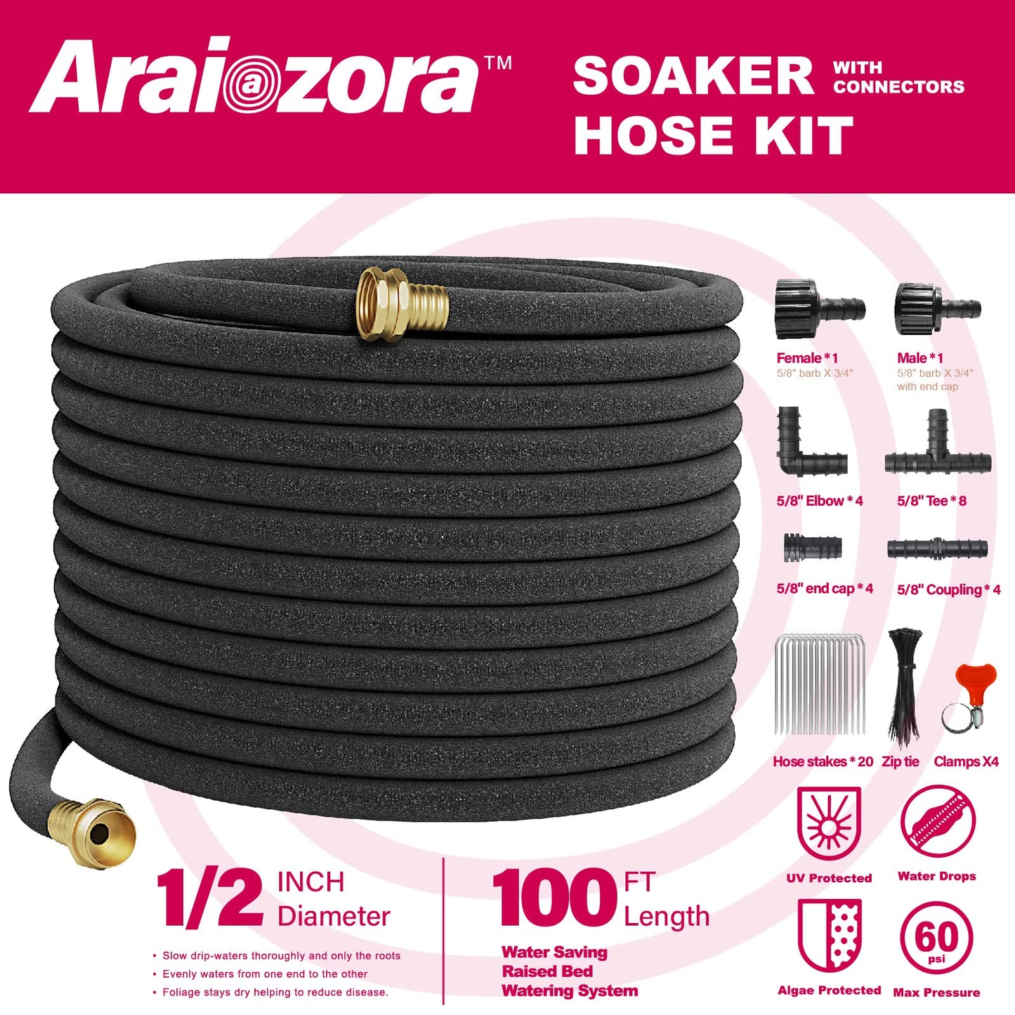 Soaker Hose 100 FT for Garden Beds,Heavy Duty Solid Brass Connector 1/2“ Ruber Drip Irrigation for Flower Bed&Yard,Landscaping