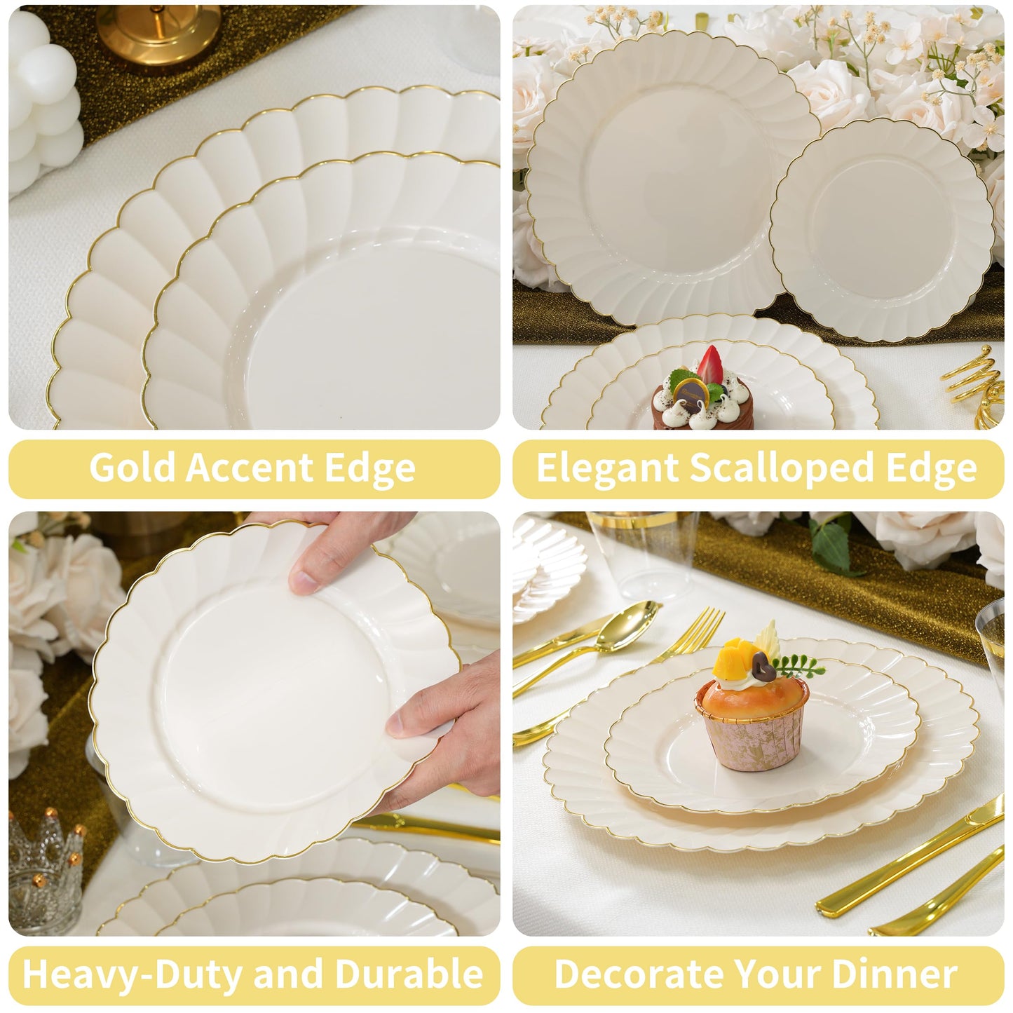 ISFANGCO 72PCS Ivory Plastic Plates Set for 36 Guests, Heavy Duty Disposable Gold Rim Scalloped for Wedding Party, 36 Dinner Plates 10.25", 36 Dessert Plates 7.25"