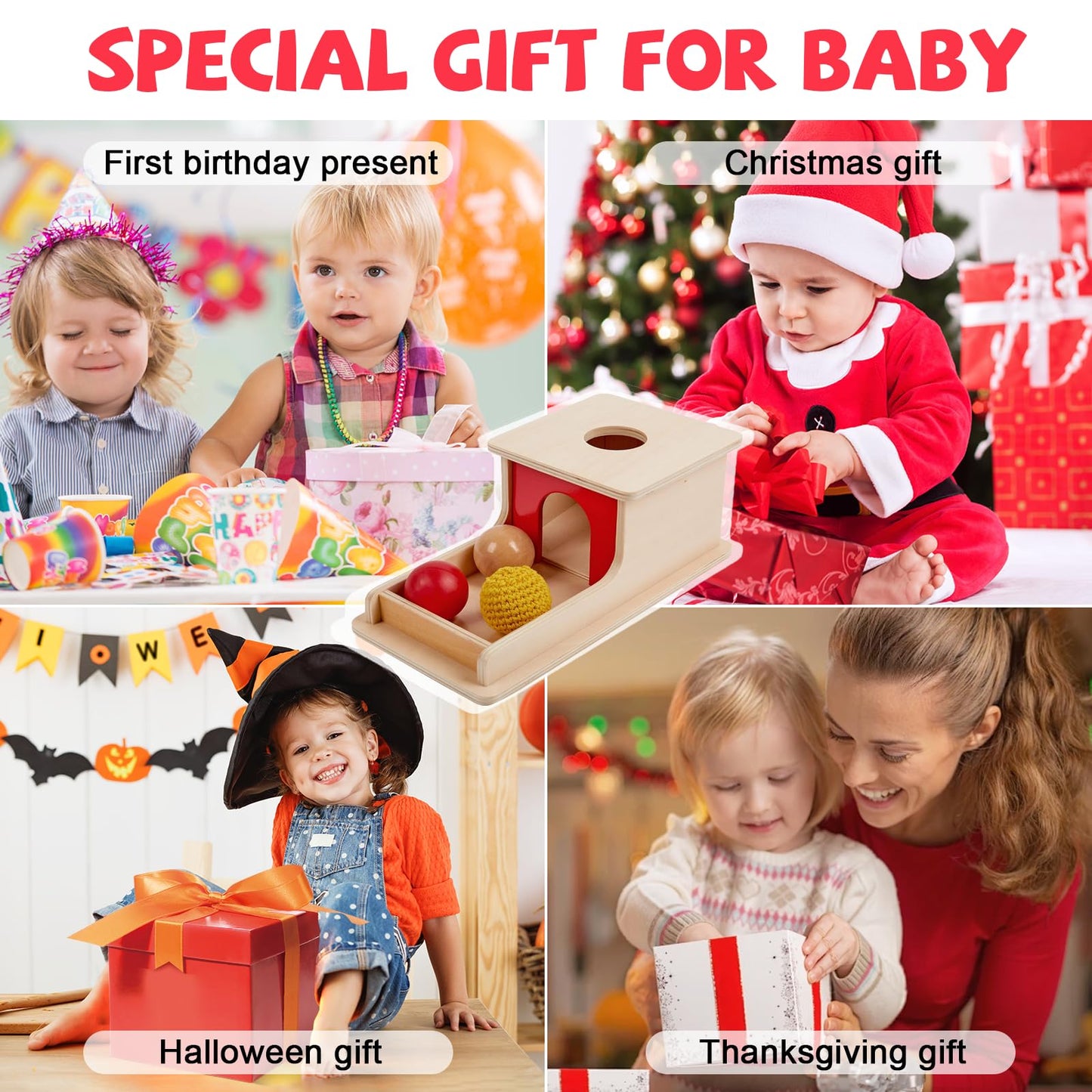 Adena Montessori Full Size Object Permanence Box with Tray Three Balls Montessori Toys for 6-12 Month Infant (Three Balls (Wood, Plastic,Knitted))